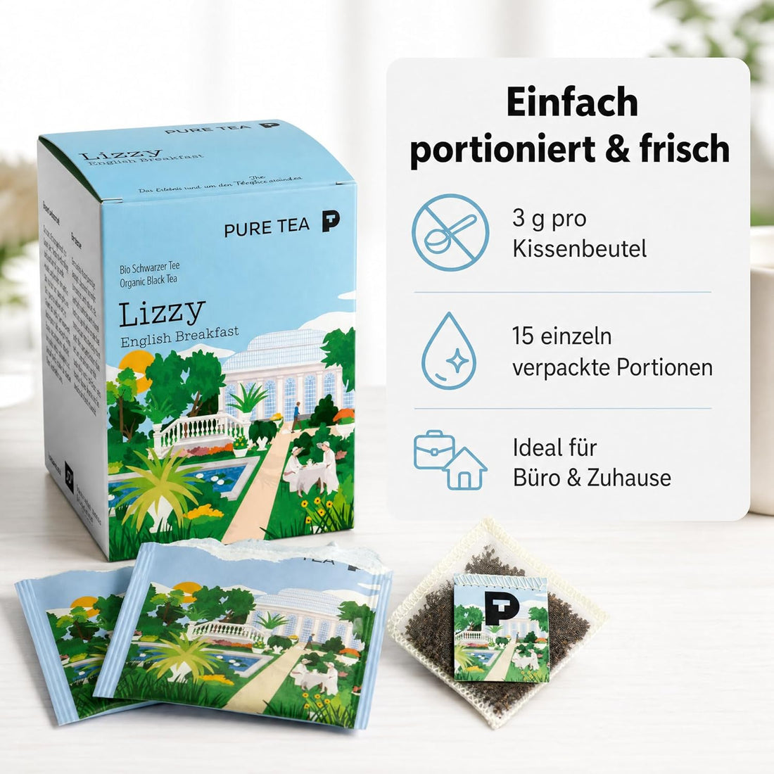 Pure Tea Lizzy English Breakfast Schwarztee, 15 handgenähte Kissenbeutel à 3g, Organisch, Dispenserbox 12 x 9 x 9 cm = 15 Portionen