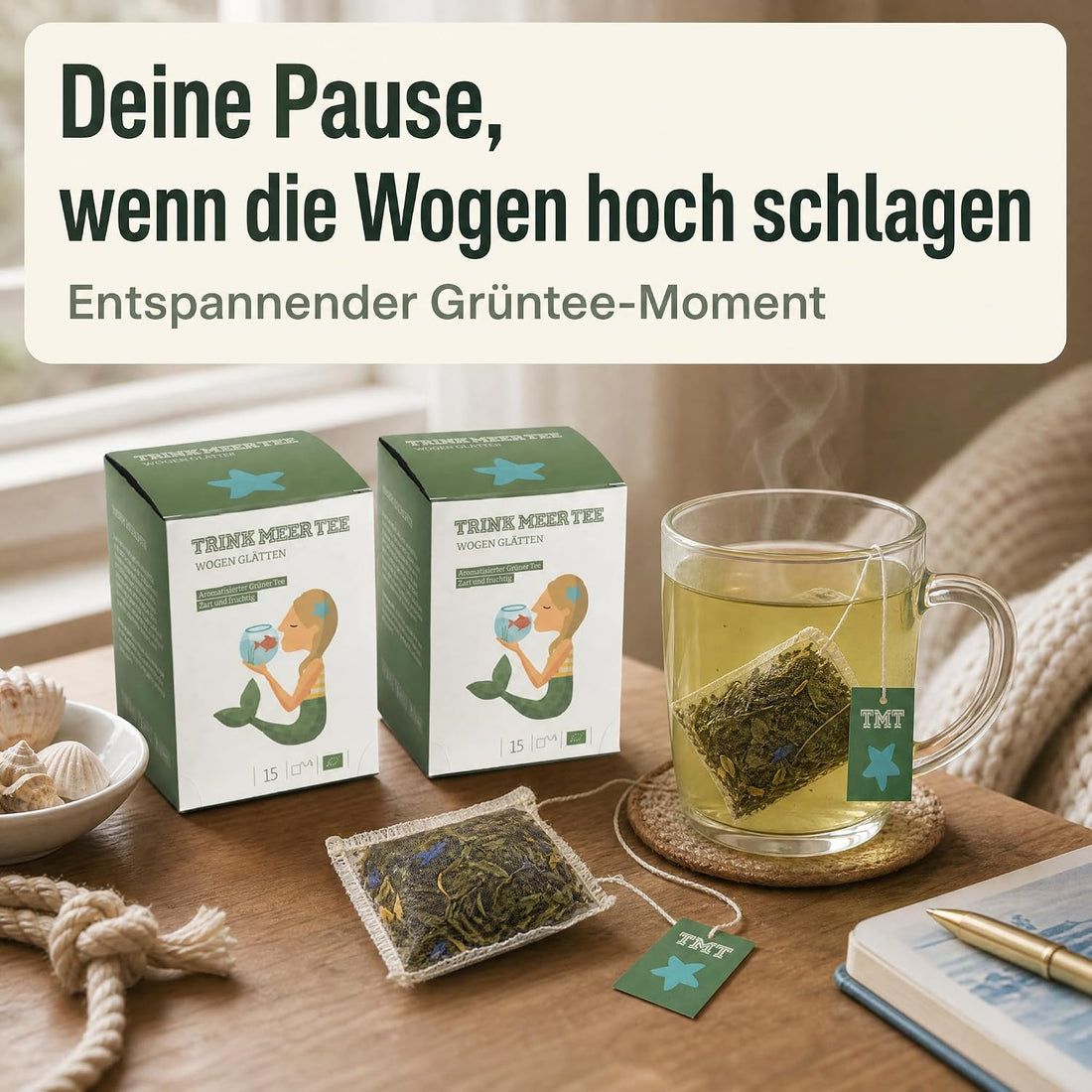 6 x Trink Meer Tee Wogen Glätten, Premium Grüner Sencha, Mango Pfirsich | Handgenähte Kissenbeutel mit aromatisiertem Sencha – ein entspannender Genussmoment als Tee-Geschenkset mit maritimem Design