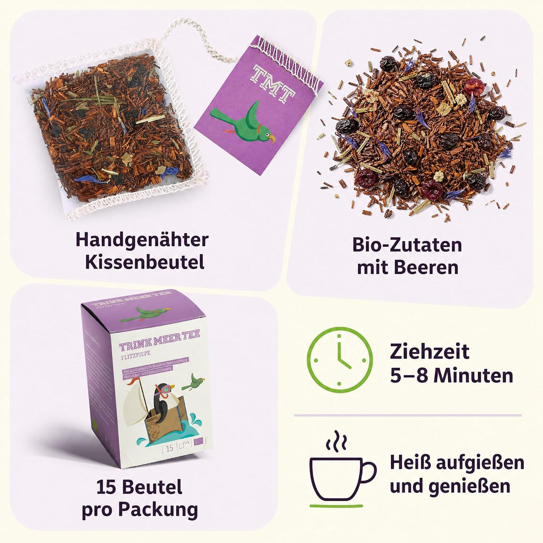 6 x Trink Meer Tee Flitzpiepe, Premium Rooibos Tee, 6x15 Kissenbeutel | Koffeinfreier Premium Früchtetee mit Holunder und Johannisbeere – vegan, glutenfrei, laktosefrei, für jeden Moment