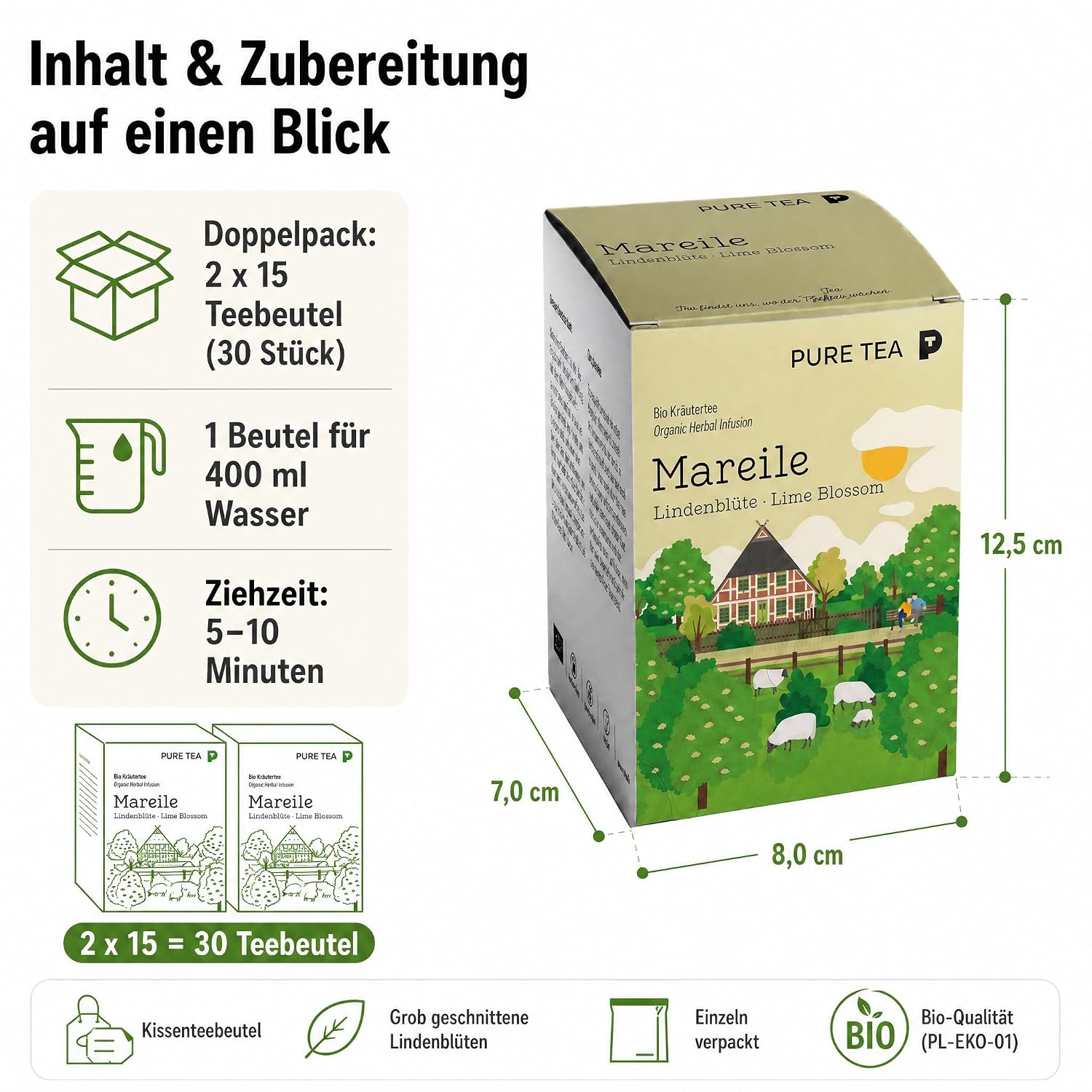 2 Pack Mareile Premium-Lindenblütentee, 30 Teebeutel, Kräutertee Geschenk | Reiner Entspannungstee ohne Aromen, handgenähte Kissenbeutel, EU-zertifiziert – ein schönes Geschenk für Teeliebhaber