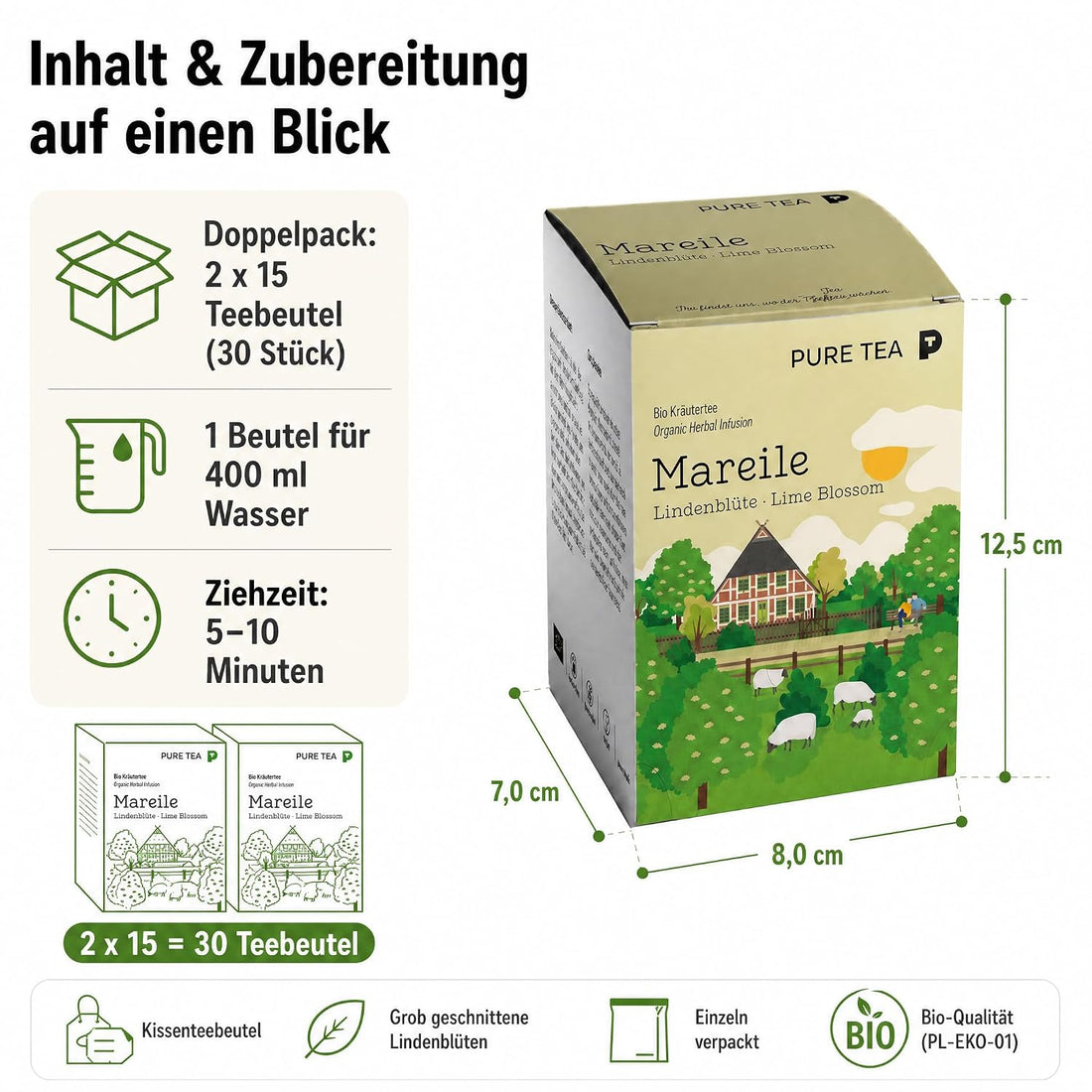 2 Pack Mareile Premium-Lindenblütentee, 30 Teebeutel, Kräutertee Geschenk | Reiner Entspannungstee ohne Aromen, handgenähte Kissenbeutel, EU-zertifiziert – ein schönes Geschenk für Teeliebhaber