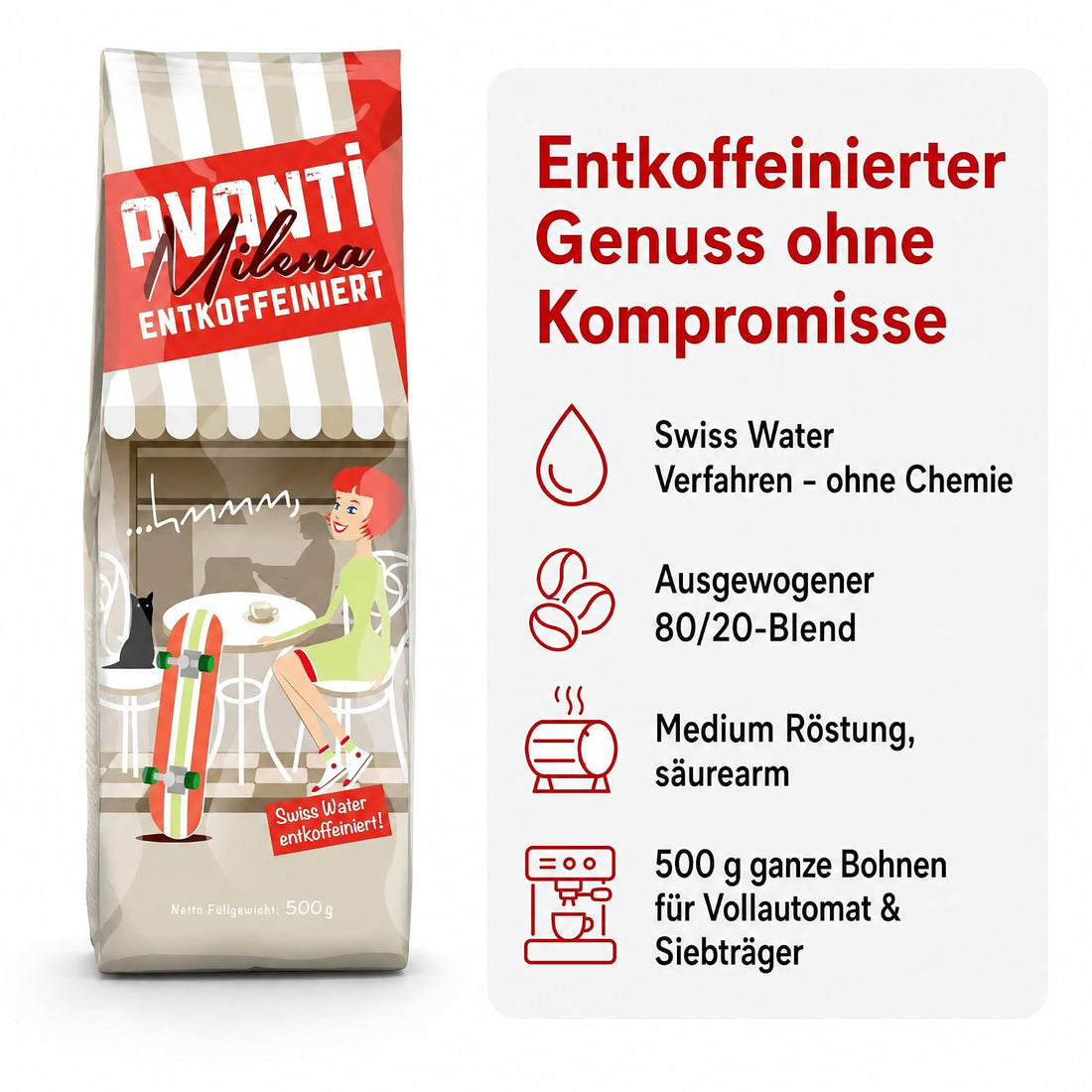 2 x Avanti Kaffeebohnen Entkoffeiniert Milena Espresso, Swiss Water entkoffeiniert, 80% Arabica/20% Robusta, Medium Röstung, säurearm, ganze Bohne, 500 g, Langzeit-Trommelröstung