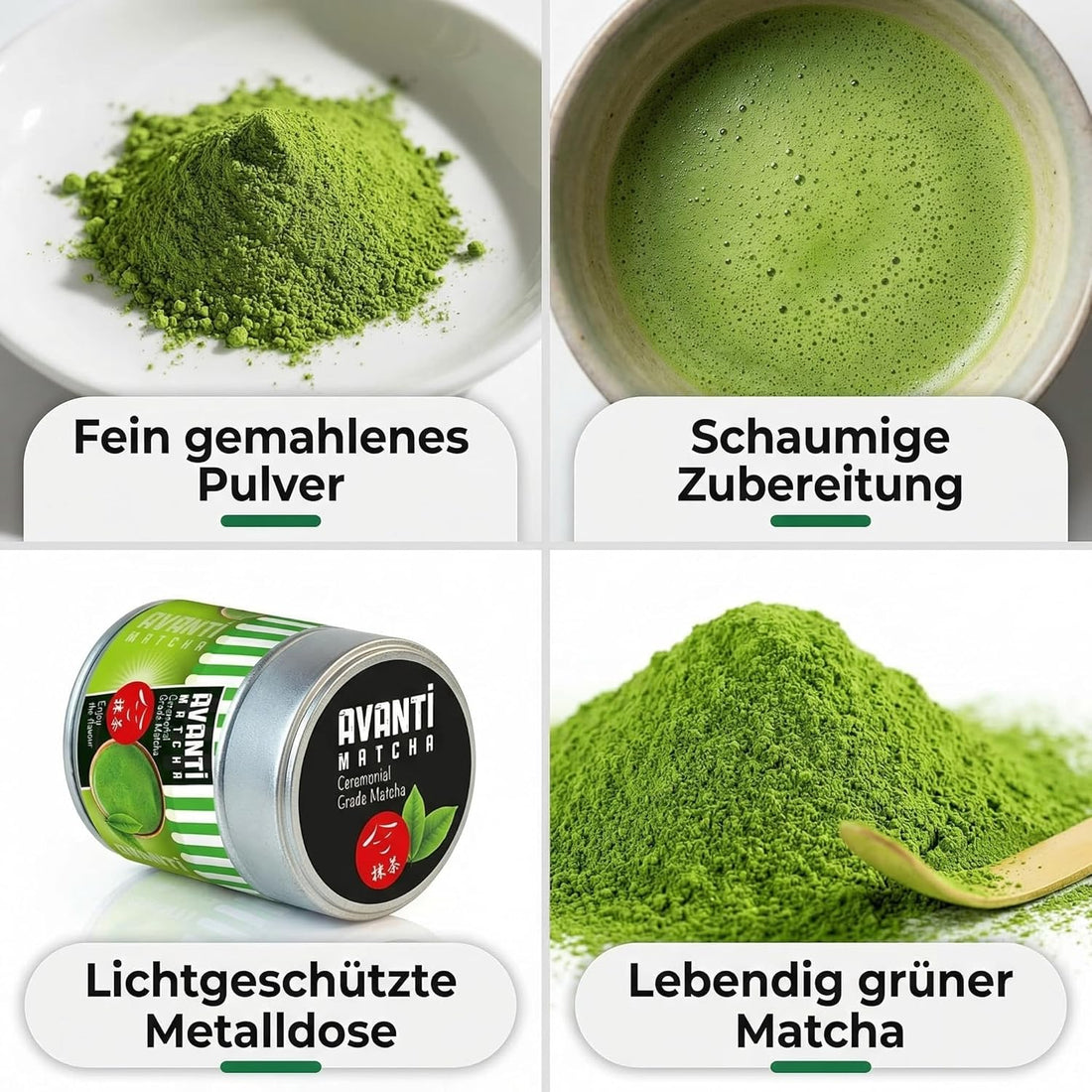Avanti Matcha Tee Pulver (Ceremonial Grade), Erste Ernte Ichibancha, reines Premium Matcha Pulver ohne Zusätze, unabhängig laborgeprüft, 50 g in lichtschützender, wiederverschließbarer Metalldose