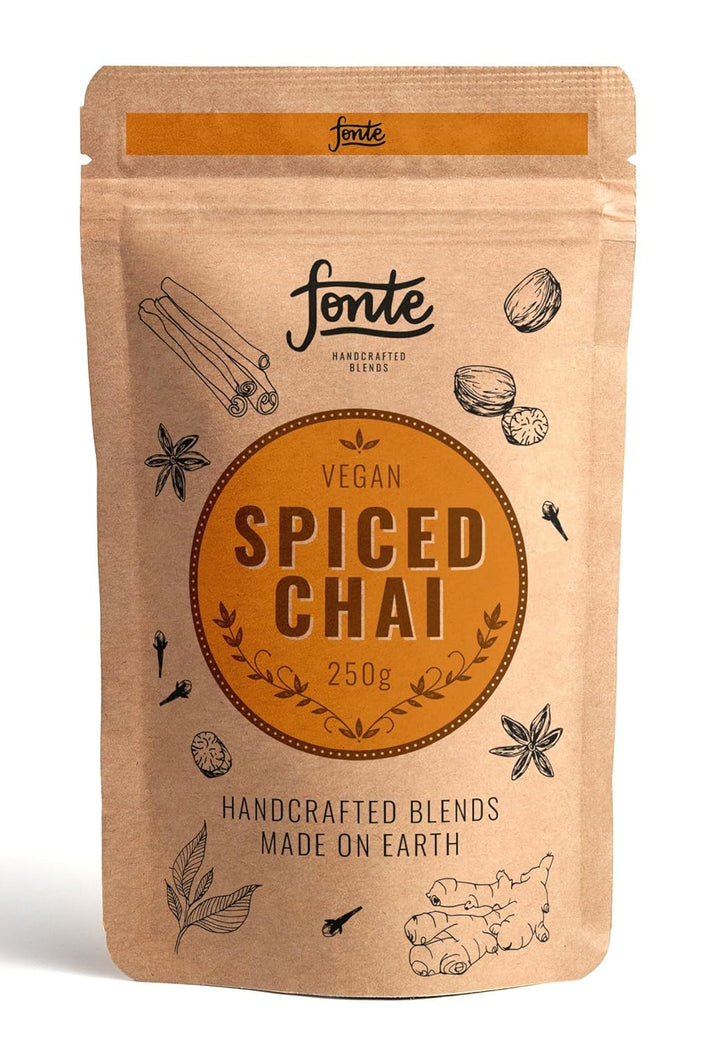 Fonte Handcrafted Vegan Spiced Chai Tee Mischung, 250g Pulver, Traditionelle Gewürzmischung mit Schwarztee, Ingwer und Zimt, 12 Portionen