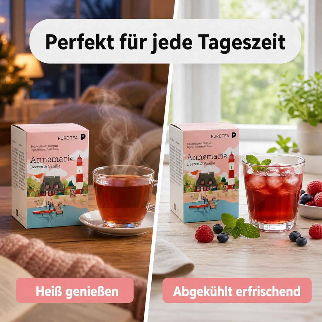 6 x Pure Tea Früchtetee Annemarie Beeren & Vanille, 15 Teebeutel à 3,5 g, aromatisierter Premium-Früchtetee, koffeinfrei & glutenfrei, Dispenserbox