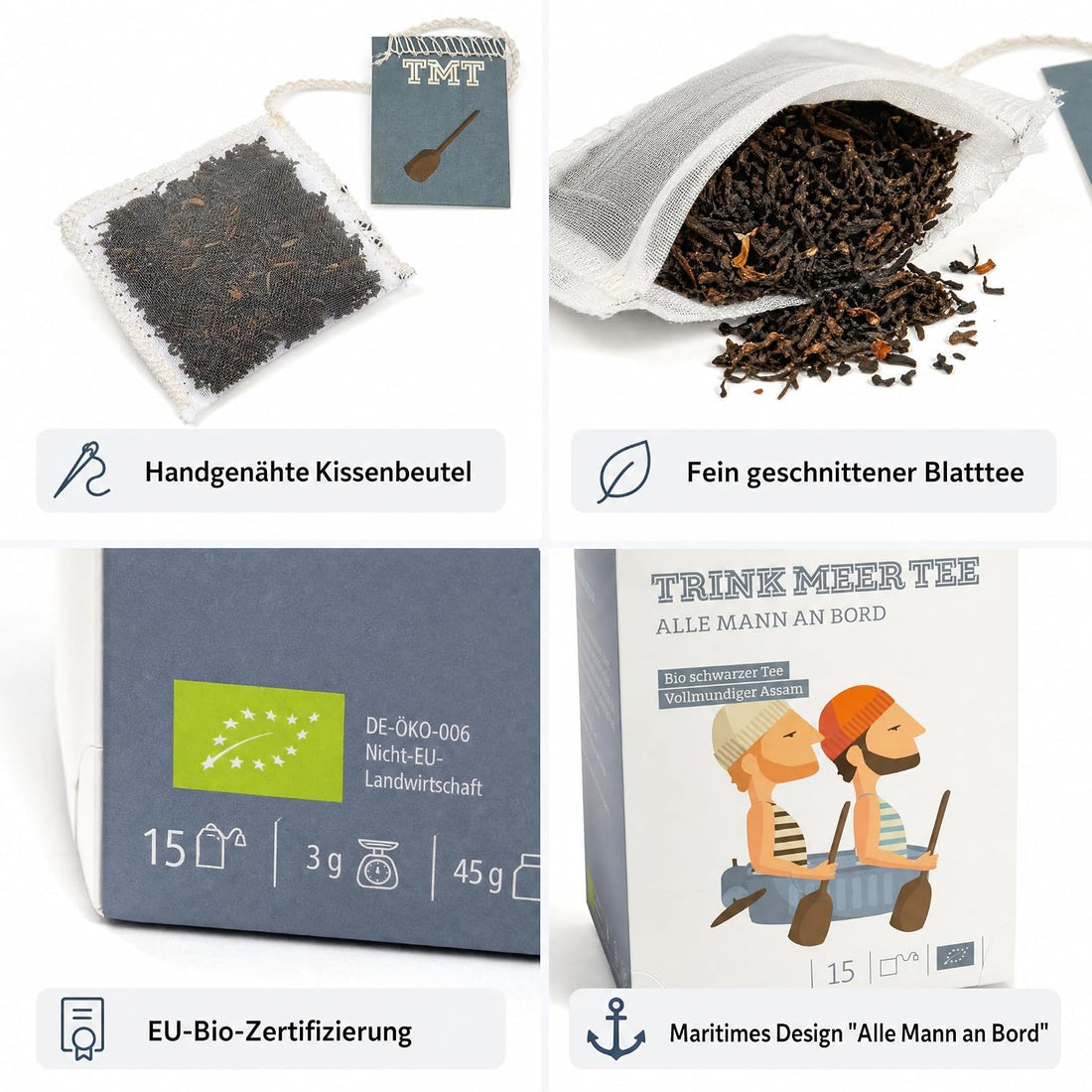 6 x Trink Meer Tee Premium Schwarzer Tee, Alle Mann an Bord, Assam Tee hocharomatisch malzig-feinwürzig, 6er Pack mit 90 handgenähten Kissenbeuteln à 3 g, 270 g, maritimes Geschenk