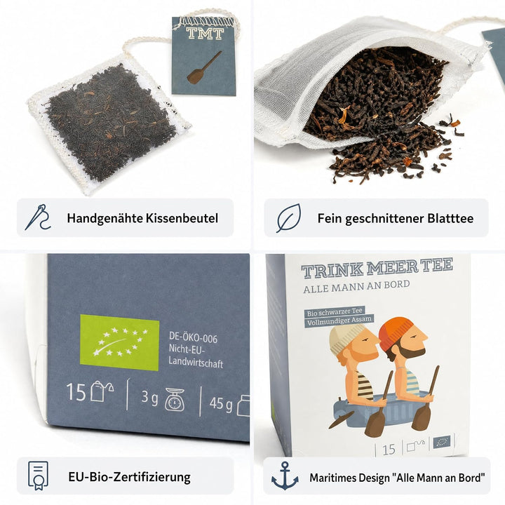 6 x Trink Meer Tee Premium Schwarzer Tee, Alle Mann an Bord, Assam Tee hocharomatisch malzig-feinwürzig, 6er Pack mit 90 handgenähten Kissenbeuteln à 3 g, 270 g, maritimes Geschenk