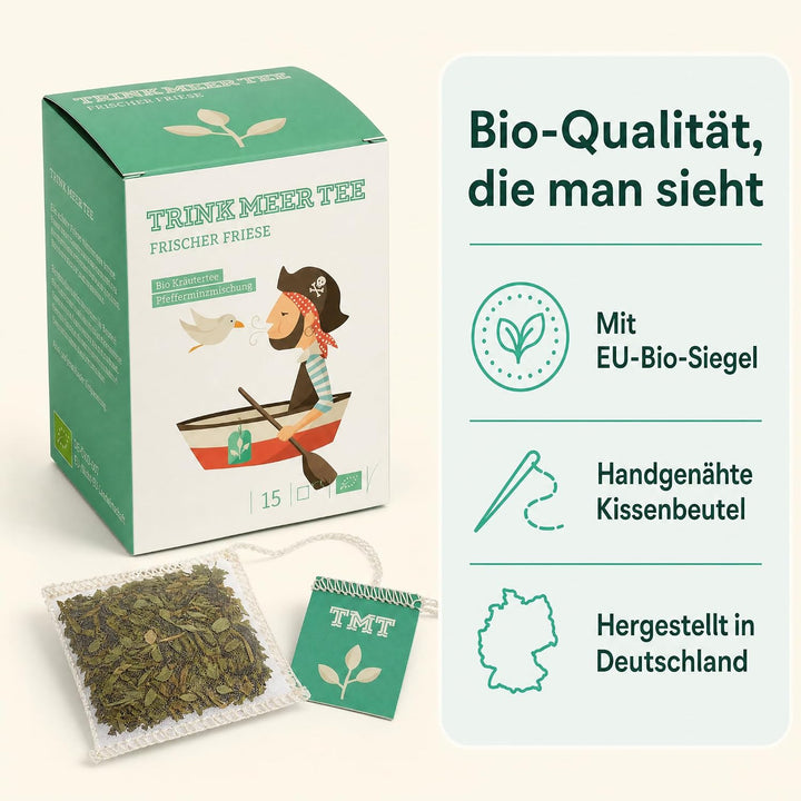 6 x Trink Meer Tee Pfefferminztee Frischer Friese Premium Kräutertee in Teebeuteln, erfrischend und aromatisch, handgenähte Kissenbeutel aus Netzmaterial, maritimes Design