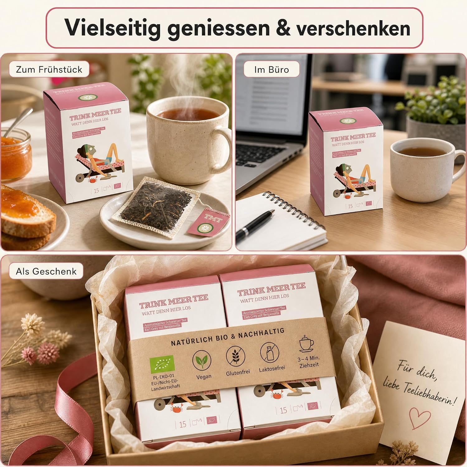 6 Gebinde Trink Meer Tee WATT DENN HIER LOS Earl Grey mit Bergamotte, Schwarzer Tee, 90 Kissenbeutel, Vegan, Glutenfrei, Laktosefrei, Größe pro Packung: 12 x 9 x 9 cm