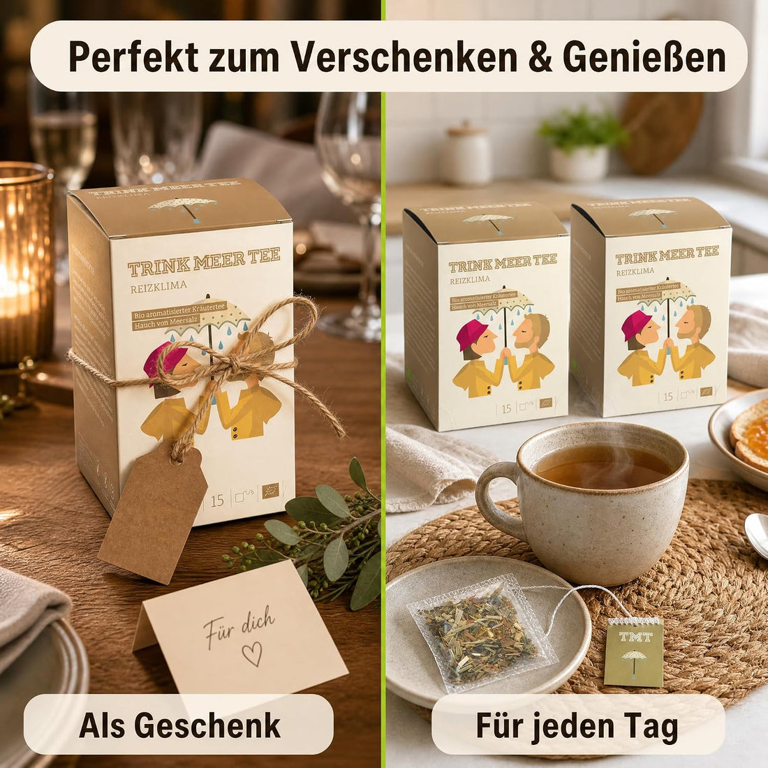 6 x TRINK MEER TEE REIZKLIMA Premium Kräutertee, mit Meersalz und Ingwer, vegan, glutenfrei, laktosefrei, handgenähte Kissenteebeutel, maritimes Design