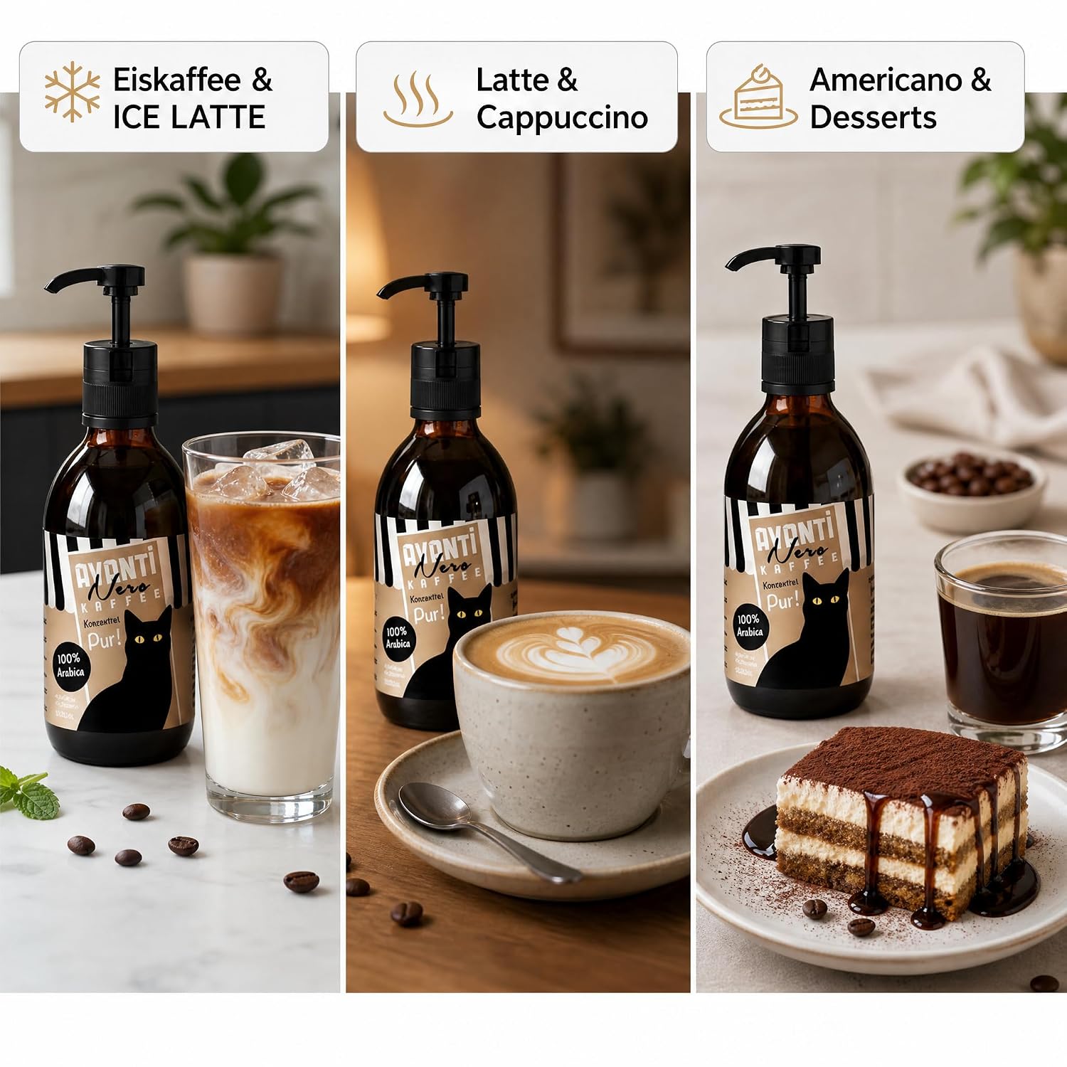 AVANTI Nero Kaffeekonzentrat Pur, 100% Arabica, 500 ml, ca. 50 Portionen | Flüssiges Kaffeekonzentrat für Eiskaffee, Cold Brew, Latte & mehr – präzise dosiert mit Pumpspender