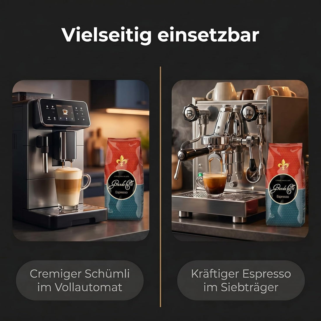 Grande Caffè Espresso Kaffeebohnen, 1000g, 80% Arabica 20% Robusta, Ganze Bohnen aus Honduras, Brasilien, Indien