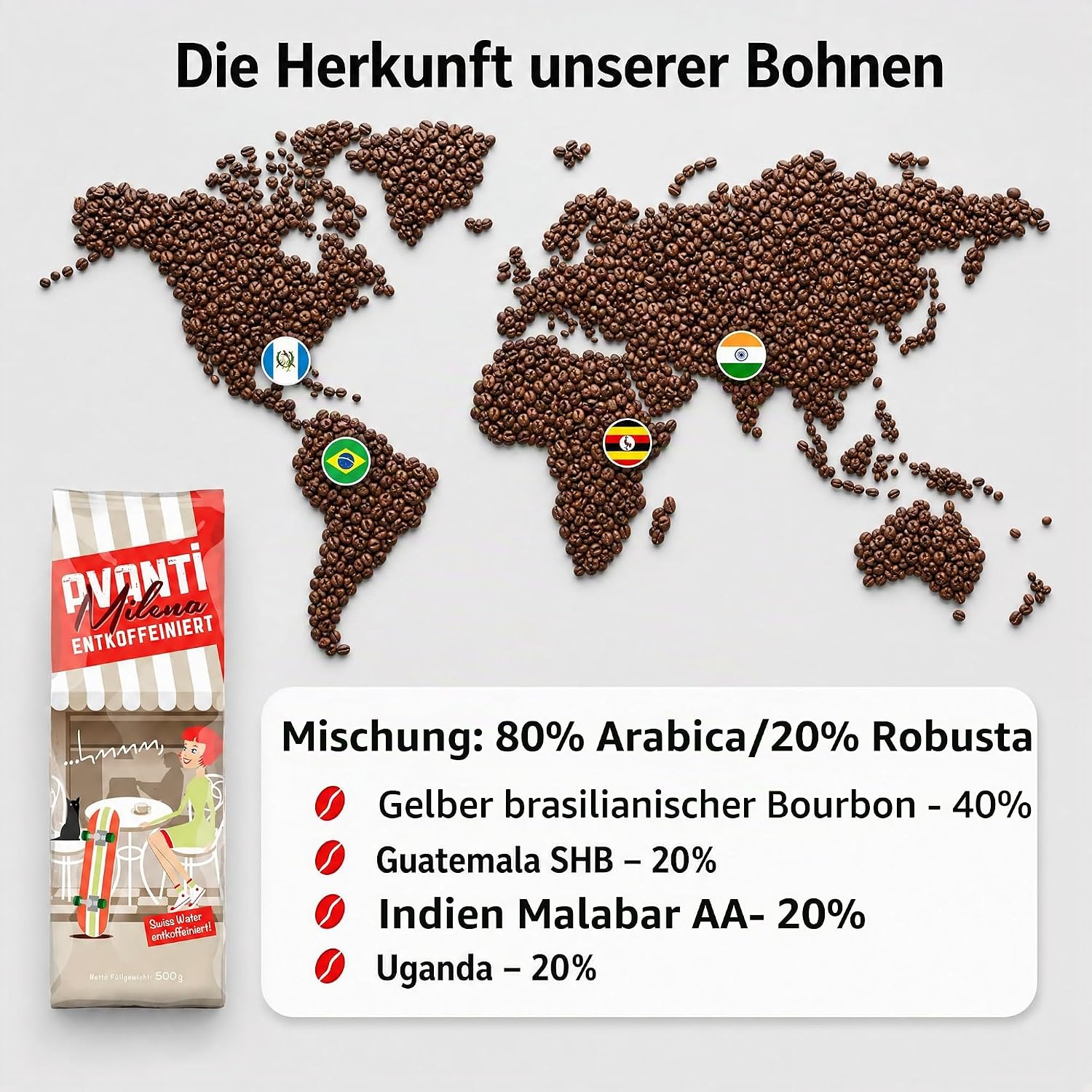 2 x Avanti Kaffeebohnen Entkoffeiniert Milena Espresso, Swiss Water entkoffeiniert, 80% Arabica/20% Robusta, Medium Röstung, säurearm, ganze Bohne, 500 g, Langzeit-Trommelröstung