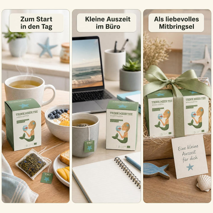 6 x Trink Meer Tee Wogen Glätten, Premium Grüner Sencha, Mango Pfirsich | Handgenähte Kissenbeutel mit aromatisiertem Sencha – ein entspannender Genussmoment als Tee-Geschenkset mit maritimem Design