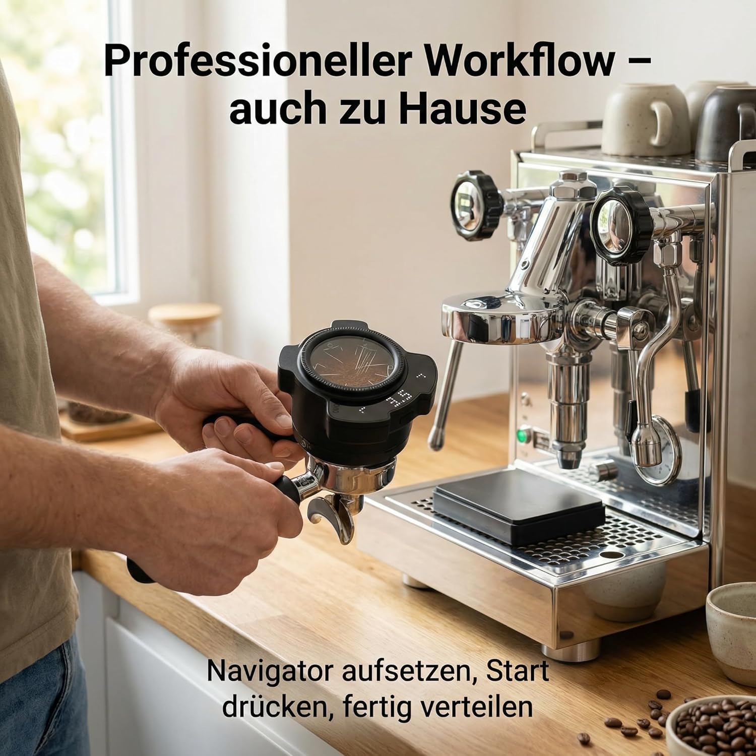 Avanti PUQ Navigator Elektronisches WDT-Tool für Espresso, 58mm Siebträger, automatisierte Weiss Distribution Technique, digitale LED-Anzeige, Schwarz