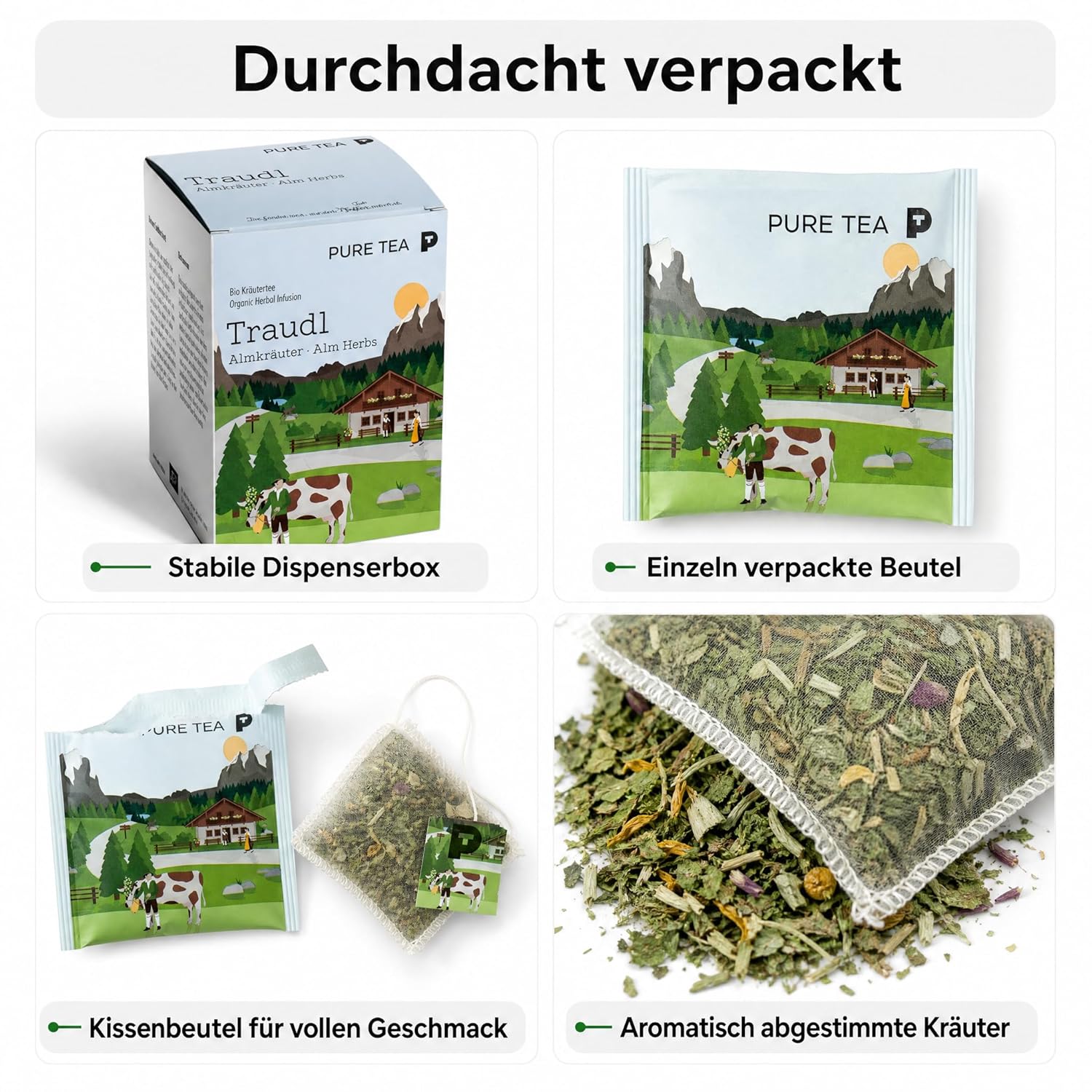 6 x PURE TEA Traudl Premium Kräutertee Almkräuter, koffeinfreier Alpenkräuter Tee als Kräutermischung mit Spitzwegerich, Apfelminze & Melisse, einzeln verpackte Kissenbeutel in Dispenserbox