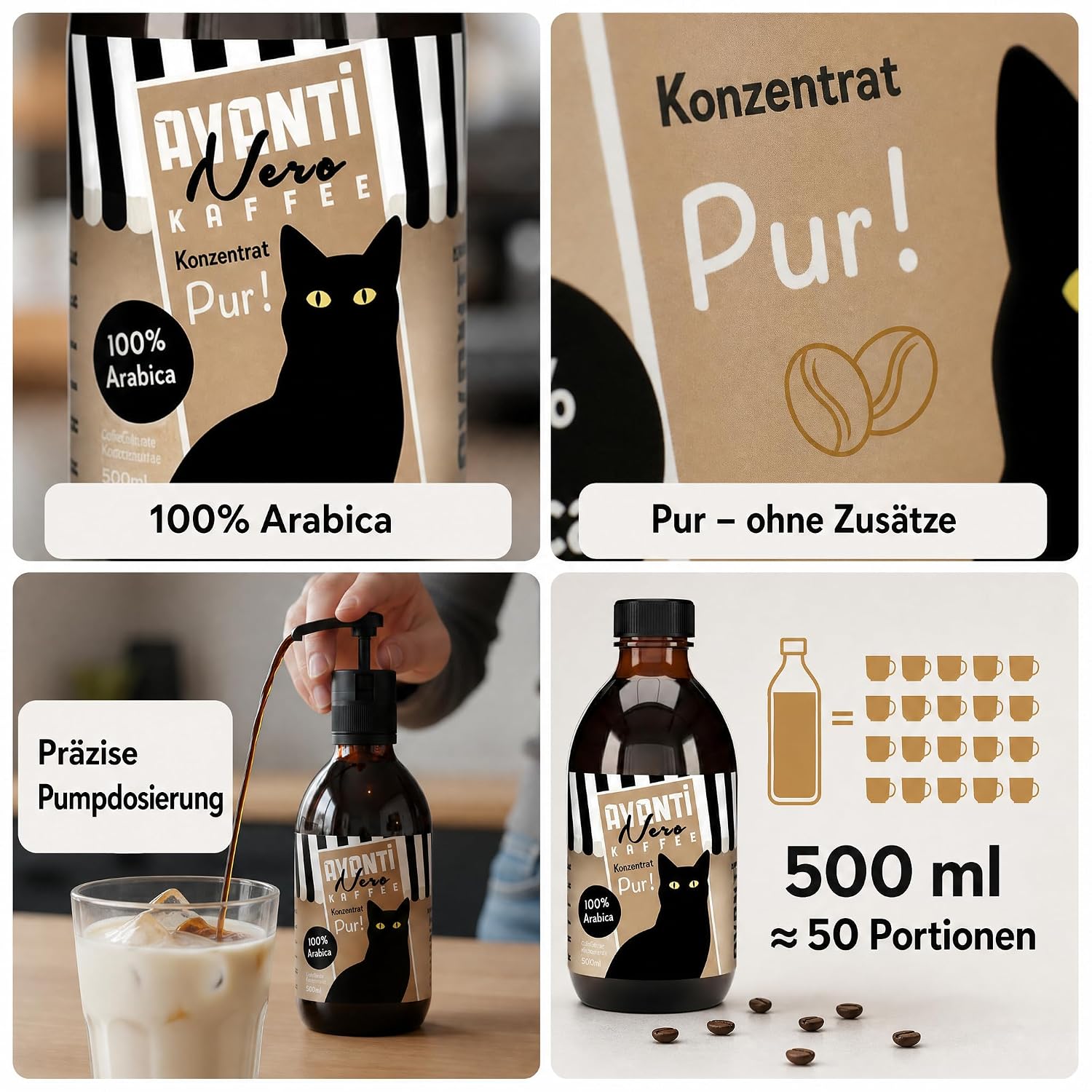 AVANTI Nero Kaffeekonzentrat Pur, 100% Arabica, 500 ml, ca. 50 Portionen | Flüssiges Kaffeekonzentrat für Eiskaffee, Cold Brew, Latte & mehr – präzise dosiert mit Pumpspender
