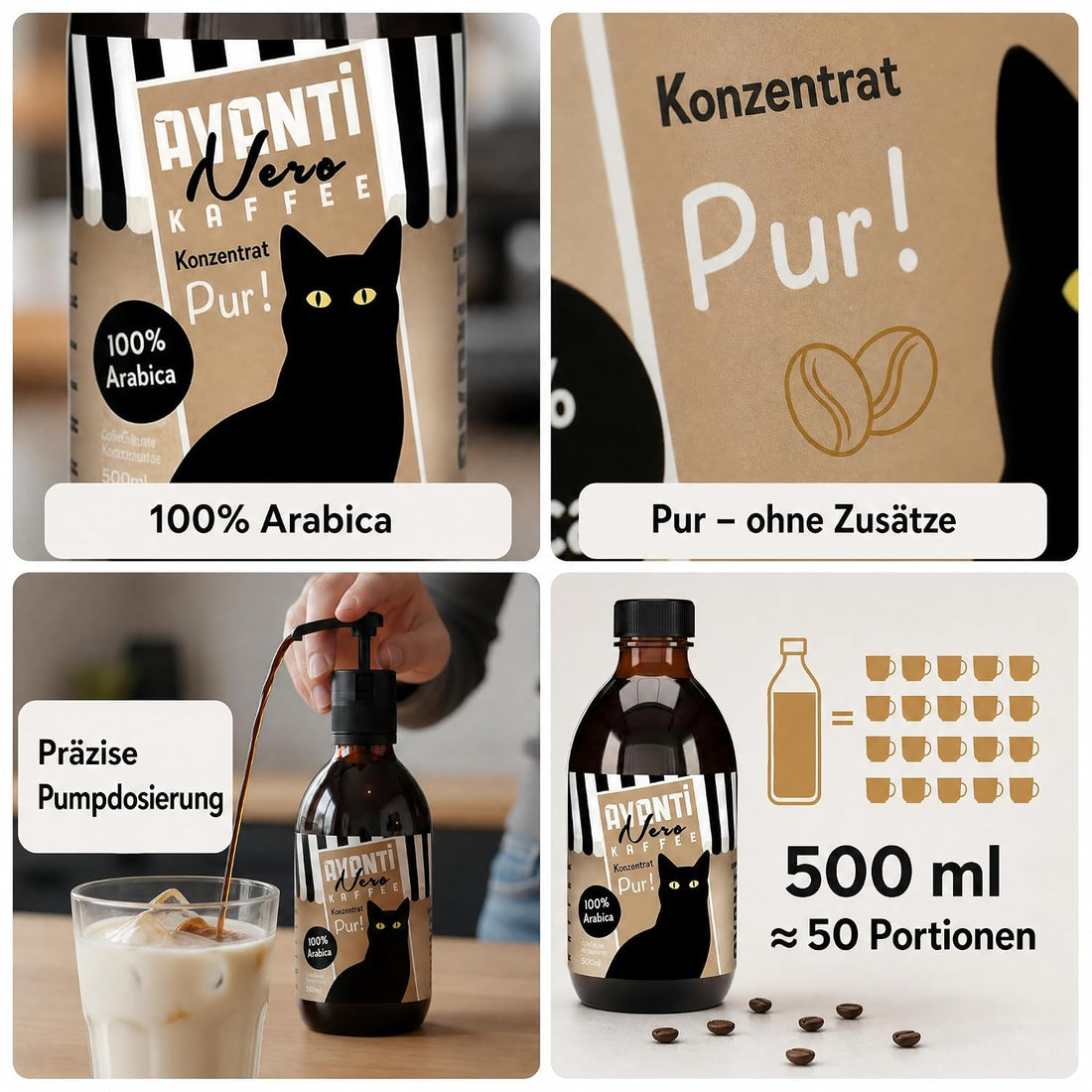 AVANTI Nero Kaffeekonzentrat Pur, 100% Arabica, 500 ml, ca. 50 Portionen | Flüssiges Kaffeekonzentrat für Eiskaffee, Cold Brew, Latte & mehr – präzise dosiert mit Pumpspender