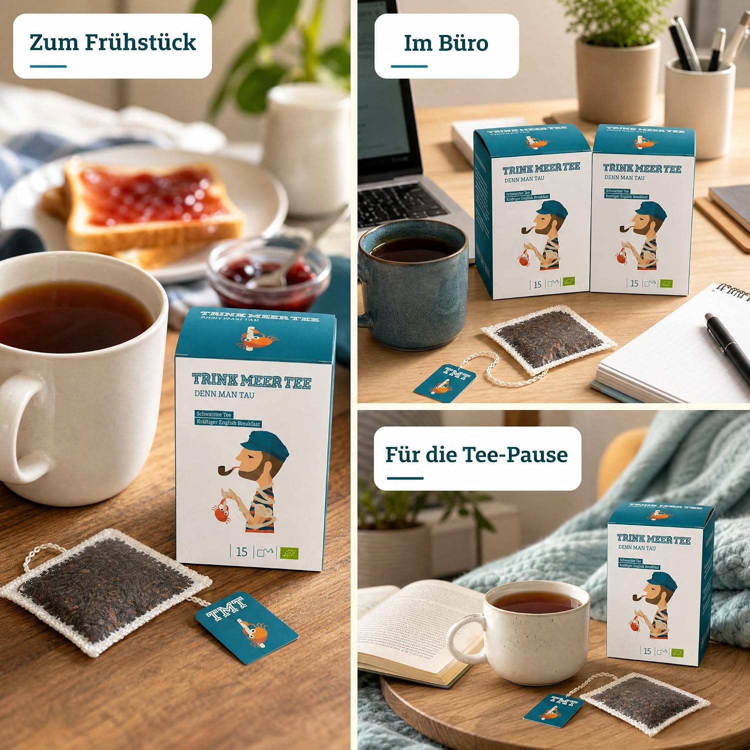 6 x Trink Meer Tee Denn Man Tau, Schwarzer Tee English Breakfast, 90 Teebeutel, Kräftiger Schwarztee im handgenähten Kissenbeutel