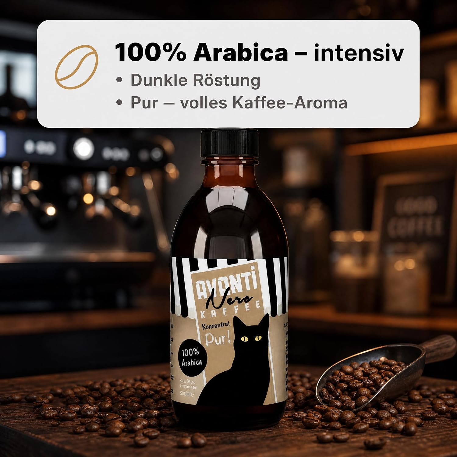 AVANTI Nero Kaffeekonzentrat Pur, 100% Arabica, 500 ml, ca. 50 Portionen | Flüssiges Kaffeekonzentrat für Eiskaffee, Cold Brew, Latte & mehr – präzise dosiert mit Pumpspender