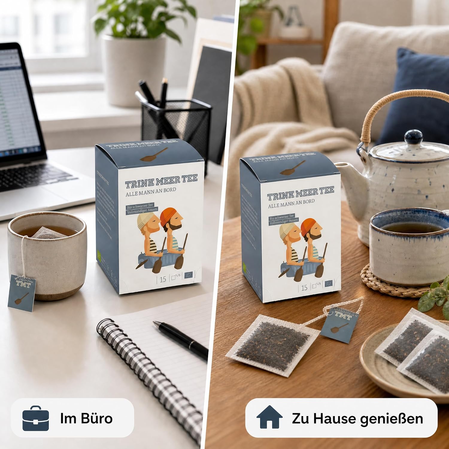 6 x Trink Meer Tee Premium Schwarzer Tee, Alle Mann an Bord, Assam Tee hocharomatisch malzig-feinwürzig, 6er Pack mit 90 handgenähten Kissenbeuteln à 3 g, 270 g, maritimes Geschenk