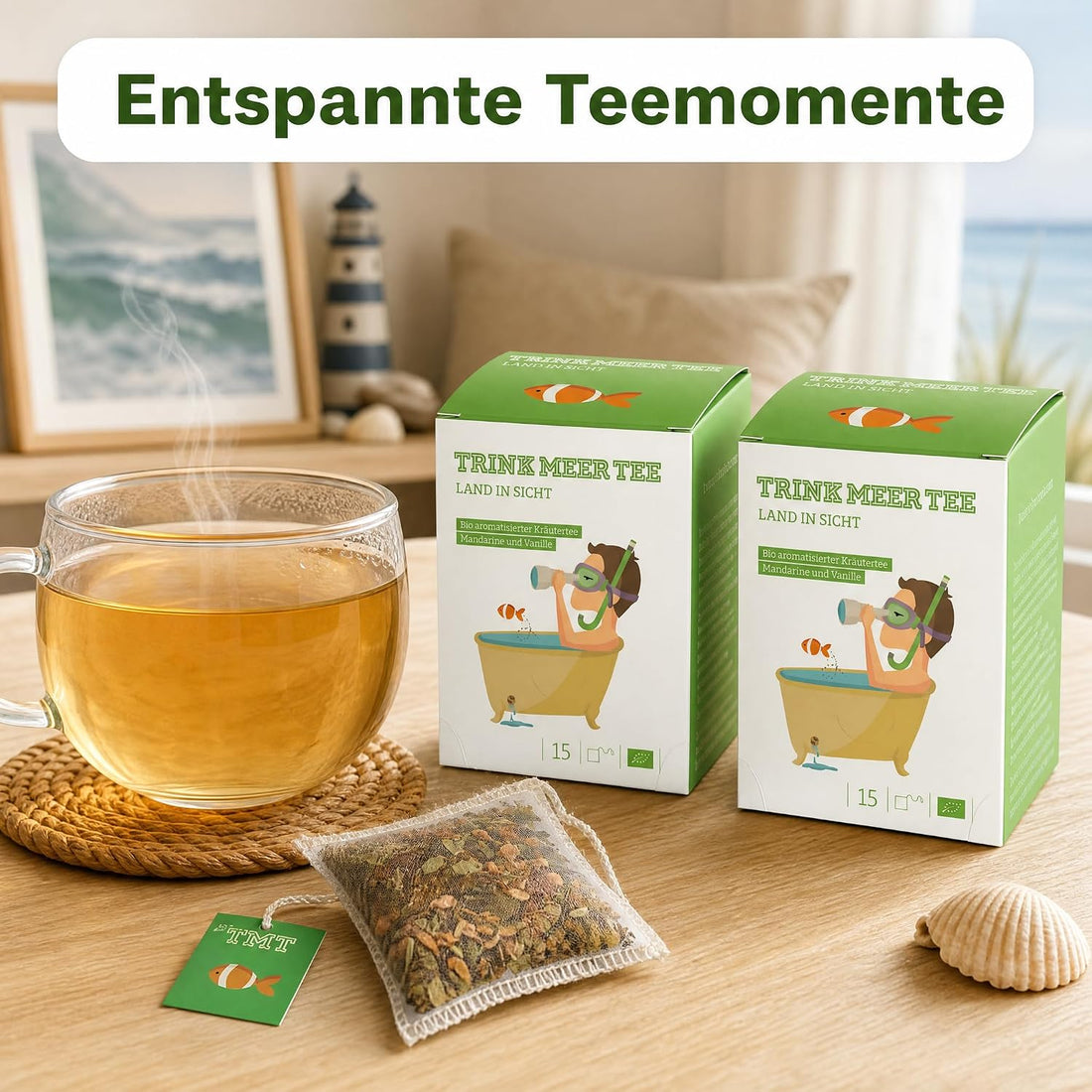 6 x Trink Meer Tee LAND IN SICHT - Premium Kräutertee Mandarine Vanille, 30 Kissenbeutel, Fruchtiger Premium Früchtetee mit Sanddorn, Fenchel & Melisse – handgenähte Kissenbeutel