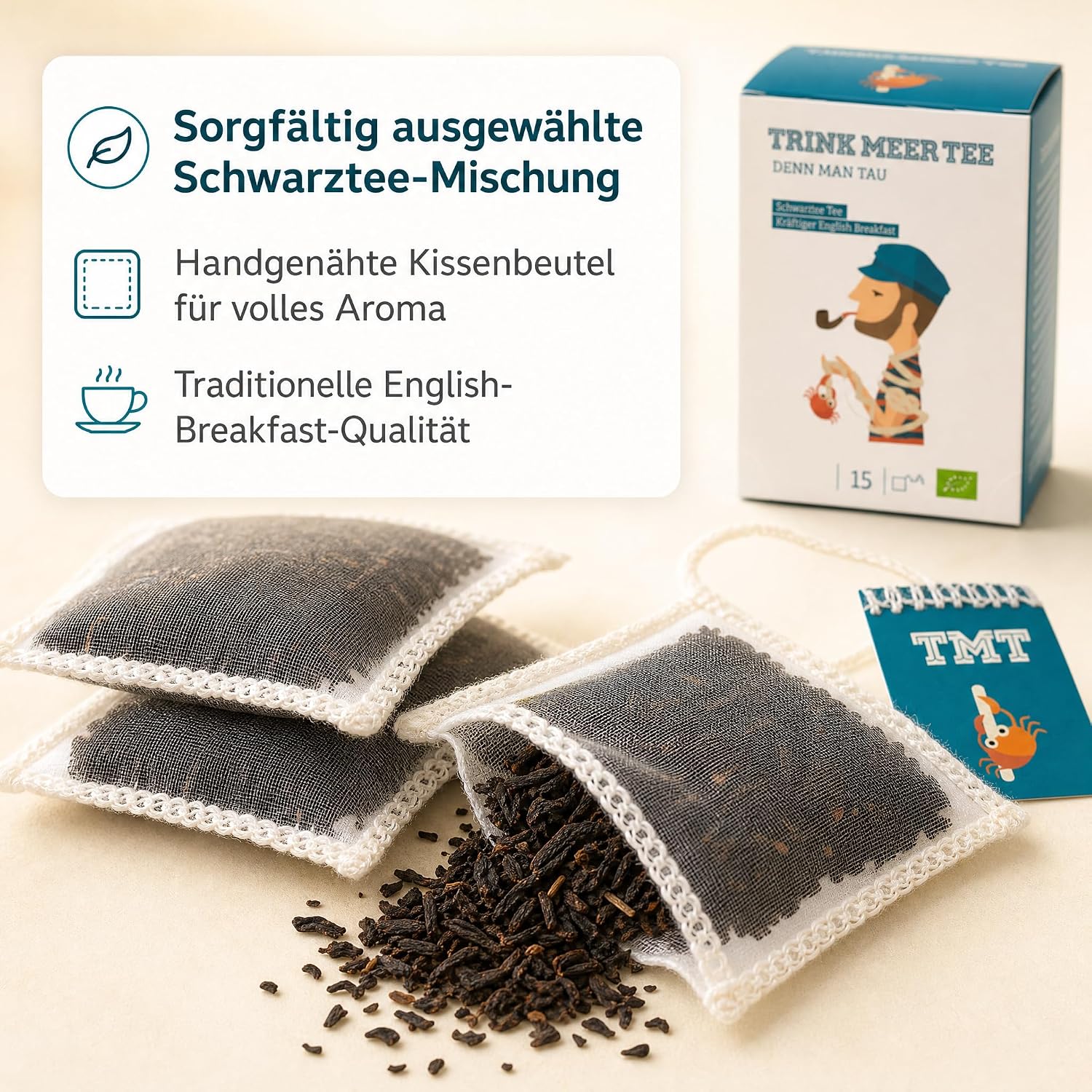 6 x Trink Meer Tee Denn Man Tau, Schwarzer Tee English Breakfast, 90 Teebeutel, Kräftiger Schwarztee im handgenähten Kissenbeutel