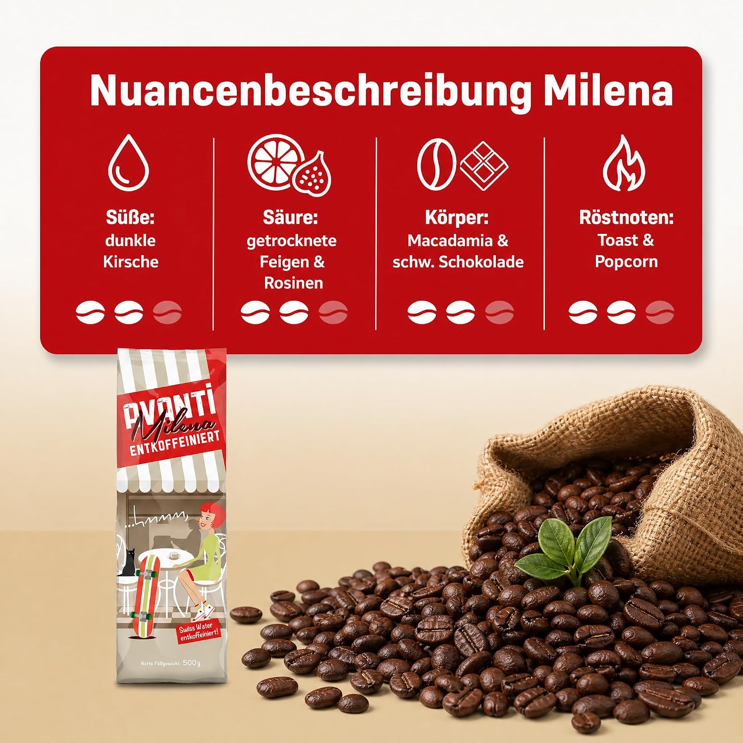 2 x Avanti Kaffeebohnen Entkoffeiniert Milena Espresso, Swiss Water entkoffeiniert, 80% Arabica/20% Robusta, Medium Röstung, säurearm, ganze Bohne, 500 g, Langzeit-Trommelröstung