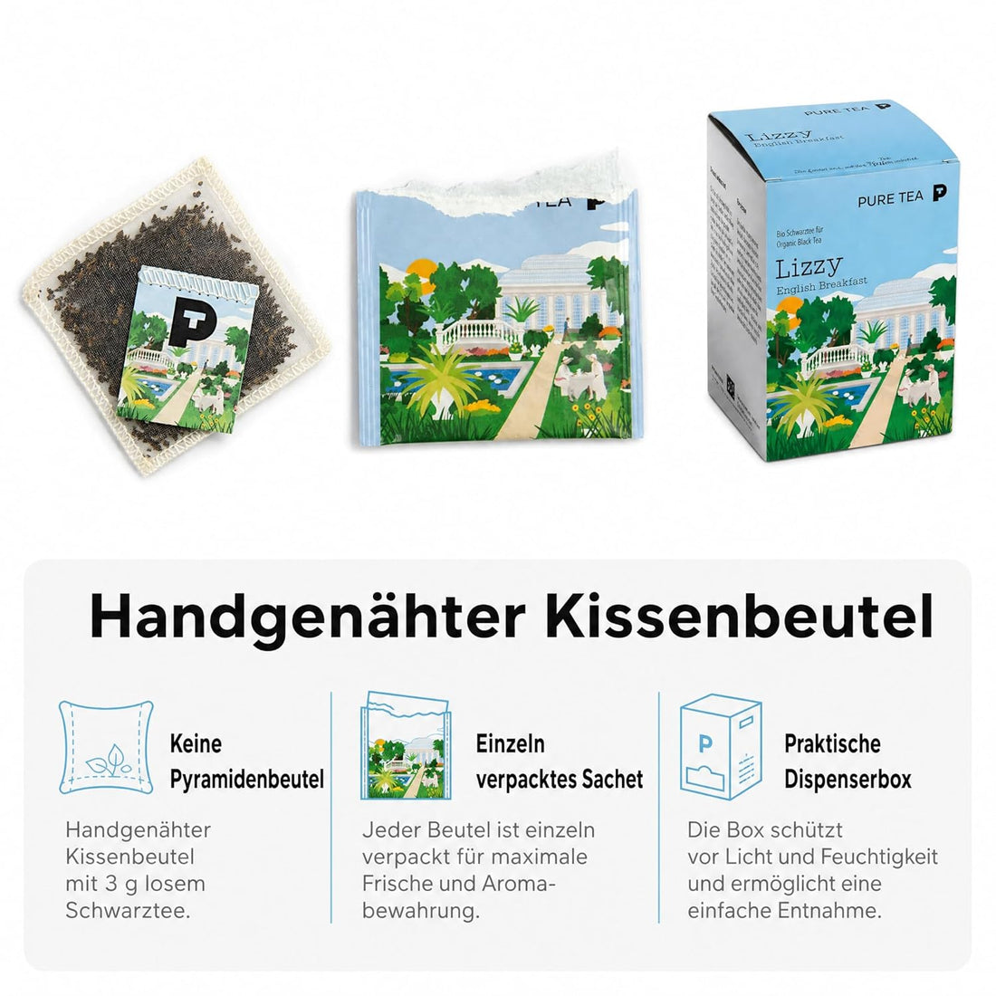 Pure Tea Lizzy English Breakfast Schwarztee, 15 handgenähte Kissenbeutel à 3g, Organisch, Dispenserbox 12 x 9 x 9 cm = 15 Portionen