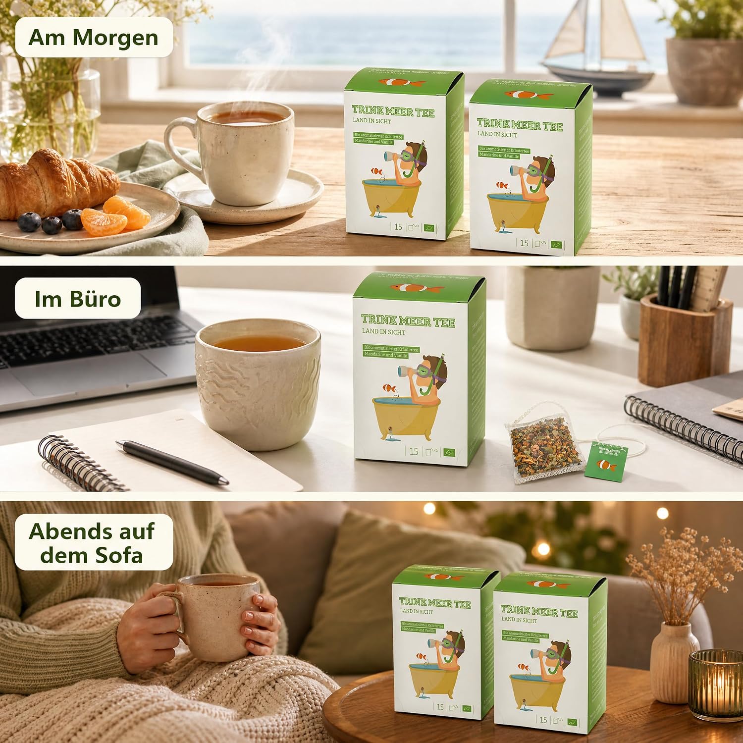 6 x Trink Meer Tee LAND IN SICHT - Premium Kräutertee Mandarine Vanille, 30 Kissenbeutel, Fruchtiger Premium Früchtetee mit Sanddorn, Fenchel & Melisse – handgenähte Kissenbeutel