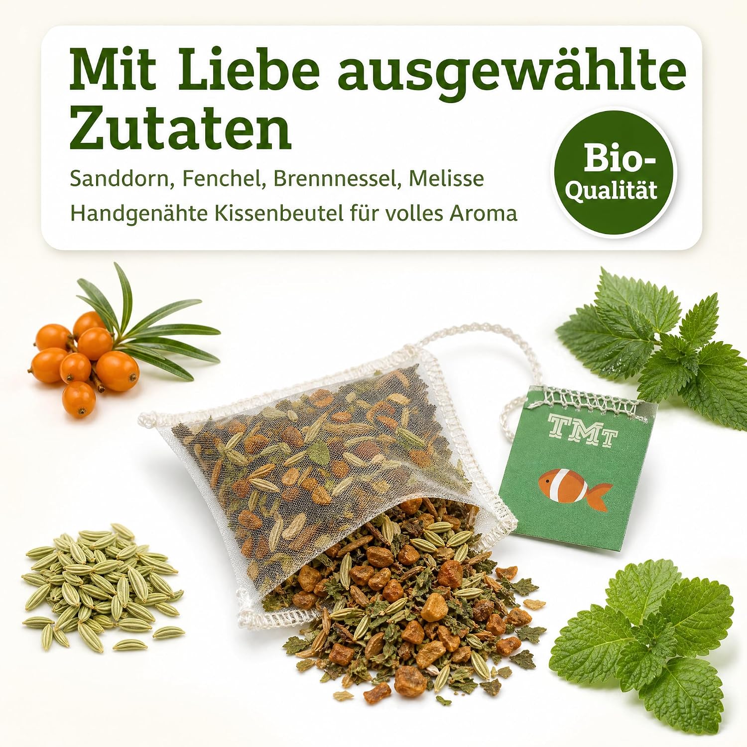 6 x Trink Meer Tee LAND IN SICHT - Premium Kräutertee Mandarine Vanille, 30 Kissenbeutel, Fruchtiger Premium Früchtetee mit Sanddorn, Fenchel & Melisse – handgenähte Kissenbeutel