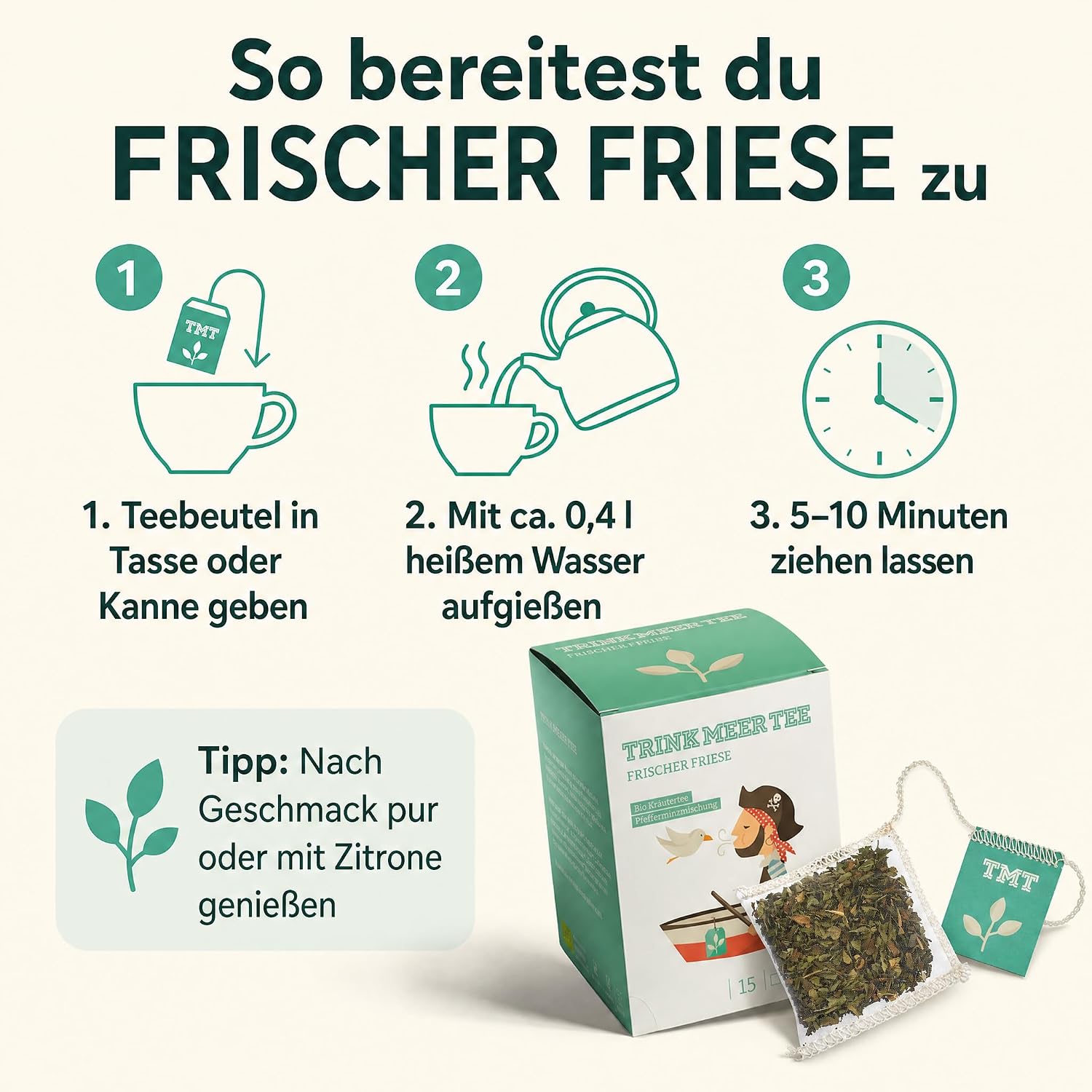 6 x Trink Meer Tee Pfefferminztee Frischer Friese Premium Kräutertee in Teebeuteln, erfrischend und aromatisch, handgenähte Kissenbeutel aus Netzmaterial, maritimes Design