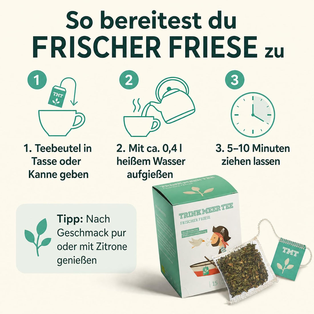 6 x Trink Meer Tee Pfefferminztee Frischer Friese Premium Kräutertee in Teebeuteln, erfrischend und aromatisch, handgenähte Kissenbeutel aus Netzmaterial, maritimes Design