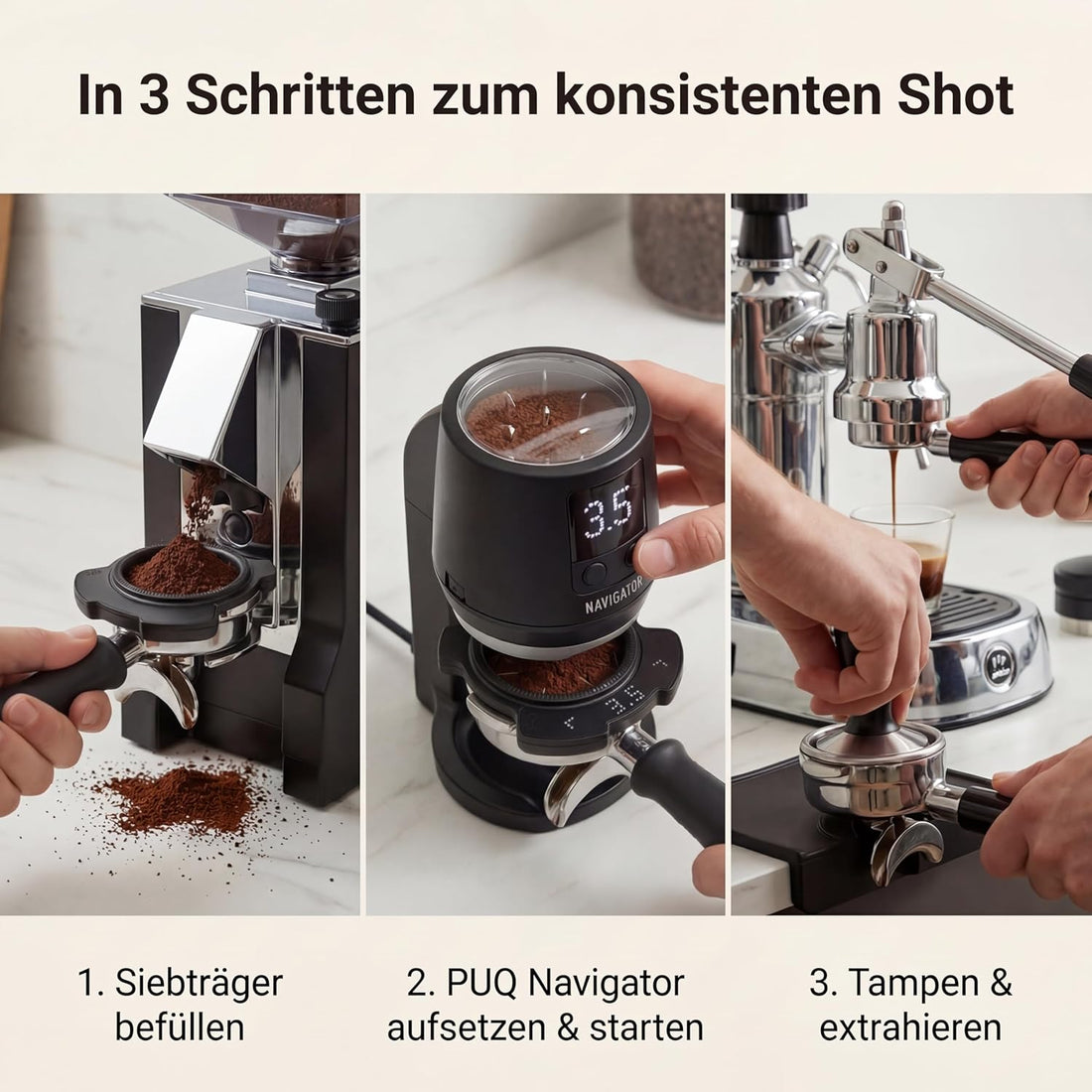 Avanti PUQ Navigator Elektronisches WDT-Tool für Espresso, 58mm Siebträger, automatisierte Weiss Distribution Technique, digitale LED-Anzeige, Schwarz