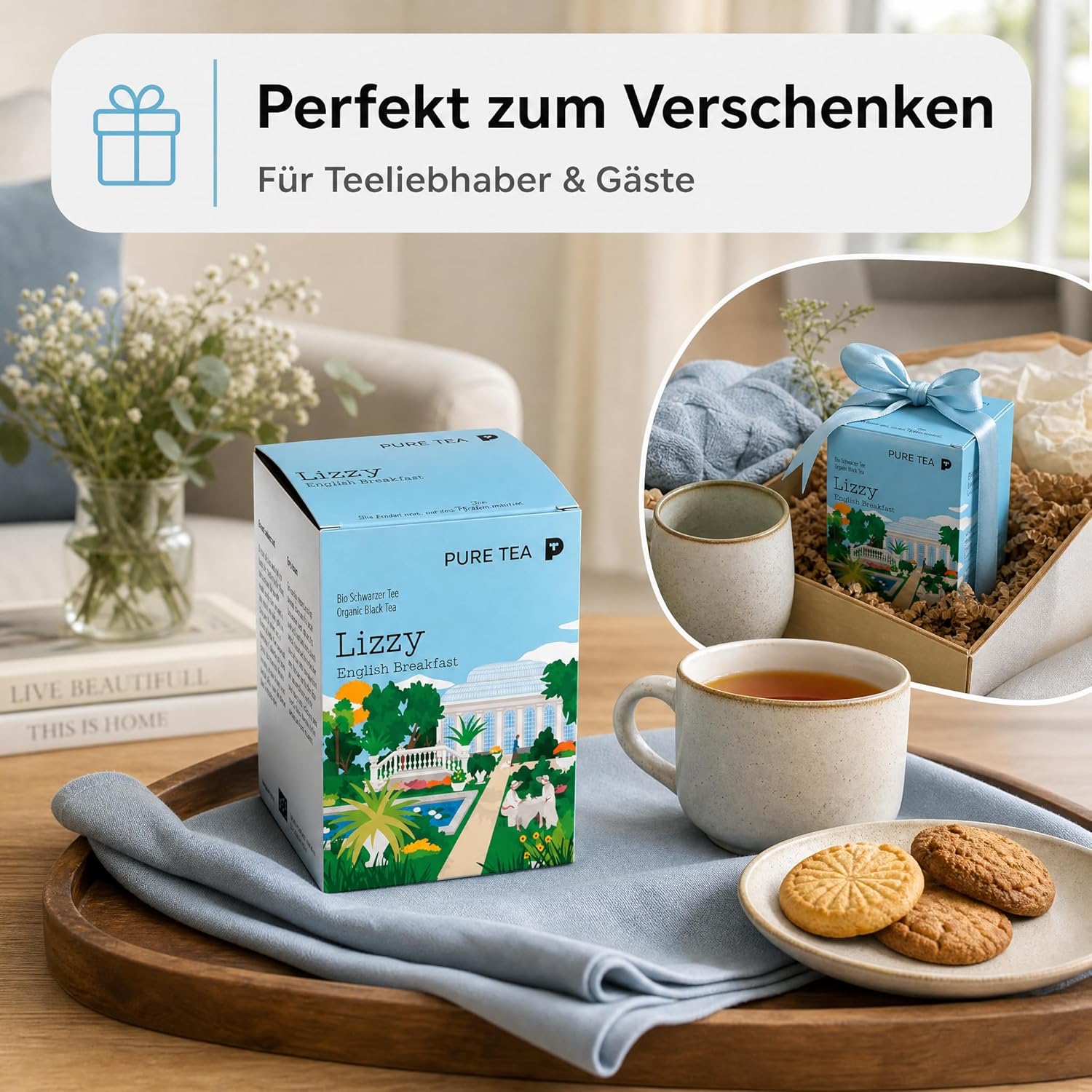 Pure Tea Lizzy English Breakfast Schwarztee, 15 handgenähte Kissenbeutel à 3g, Organisch, Dispenserbox 12 x 9 x 9 cm = 15 Portionen