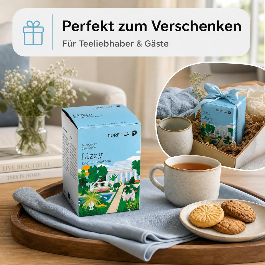 Pure Tea Lizzy English Breakfast Schwarztee, 15 handgenähte Kissenbeutel à 3g, Organisch, Dispenserbox 12 x 9 x 9 cm = 15 Portionen