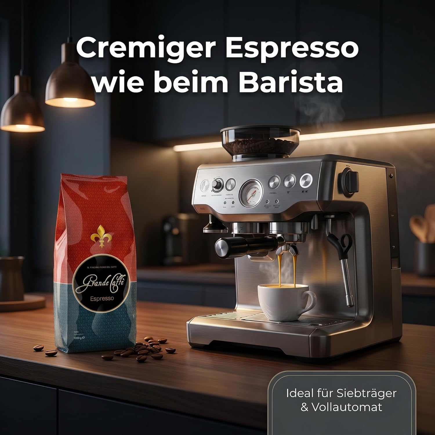 Grande Caffè Kaffeebohnen Espresso, ganze Bohnen 80% Arabica 20% Robusta, würzig-nussiges Aroma, traditionelle Trommelröstung, 3 x 1 kg Vorrat, Herkunft Honduras Brasilien Indien