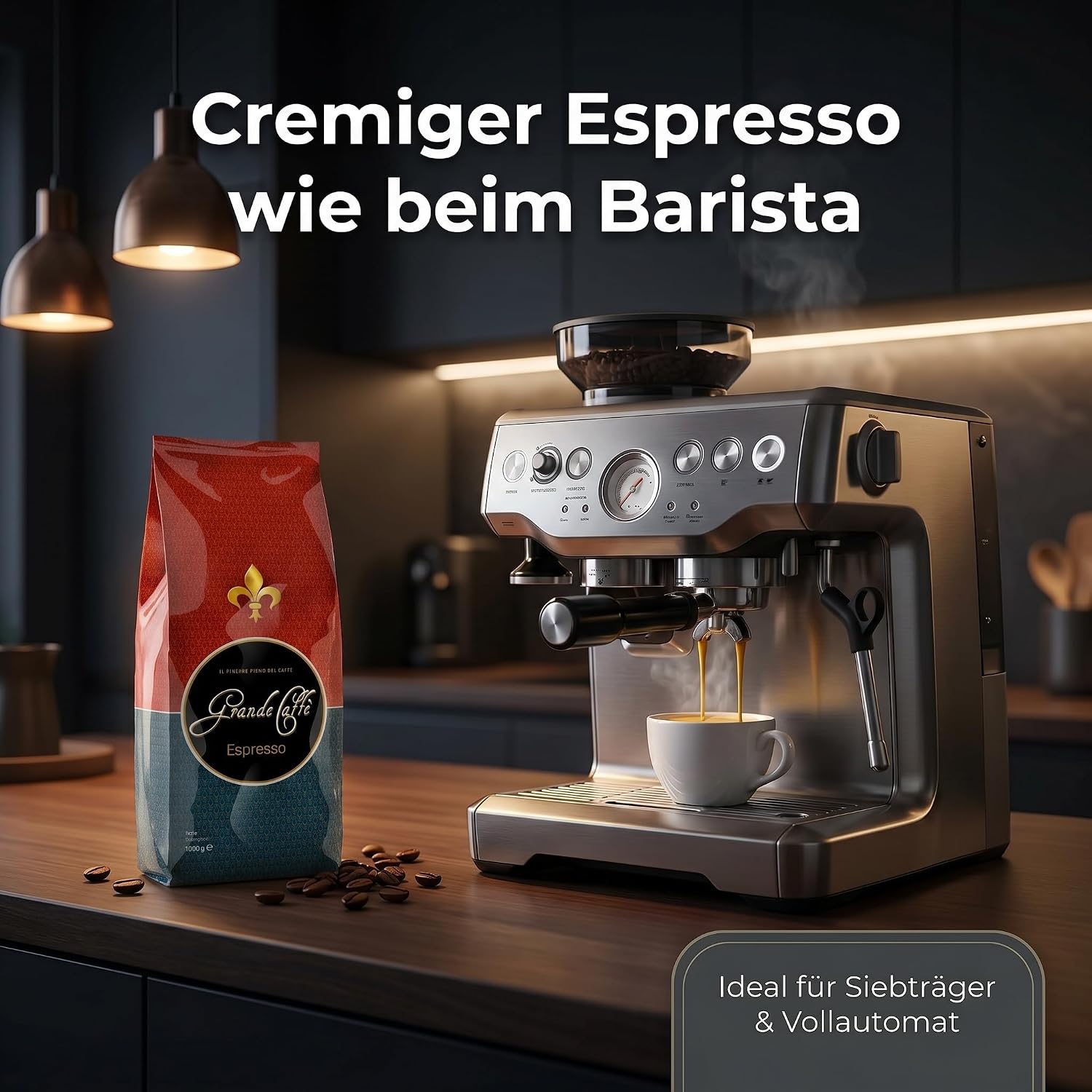 Grande Caffè Kaffeebohnen Espresso, ganze Bohnen 80% Arabica 20% Robusta, würzig-nussiges Aroma, traditionelle Trommelröstung, 3 x 1 kg + Handfächer (Zugabe-Aktion)