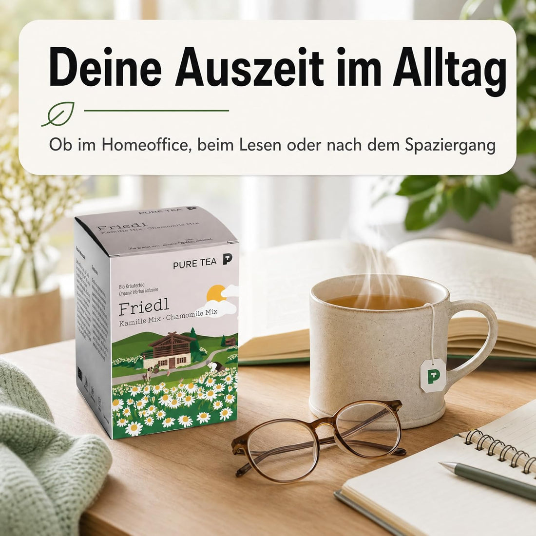 PURE TEA Kamillentee Friedl Kamille Mix, Kräutertee mit 50% Kamillenblüten, Apfelstücken & Zitronenverbene, koffeinfrei und glutenfrei, Kissenbeutel in Dispenserbox