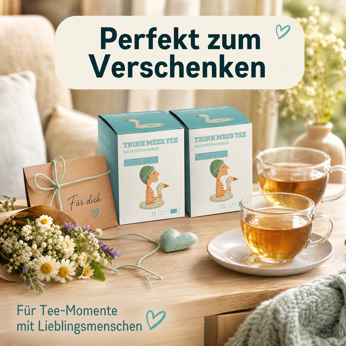 Trink Meer Tee Bio Früchtetee Nichtschwimmer, aromatisiert mit Holunder, Orange und Vanille, handgenähte Kissenbeutel, koffeinfrei, vegan und glutenfrei, zertifiziert, 15 Kissenteebeutel
