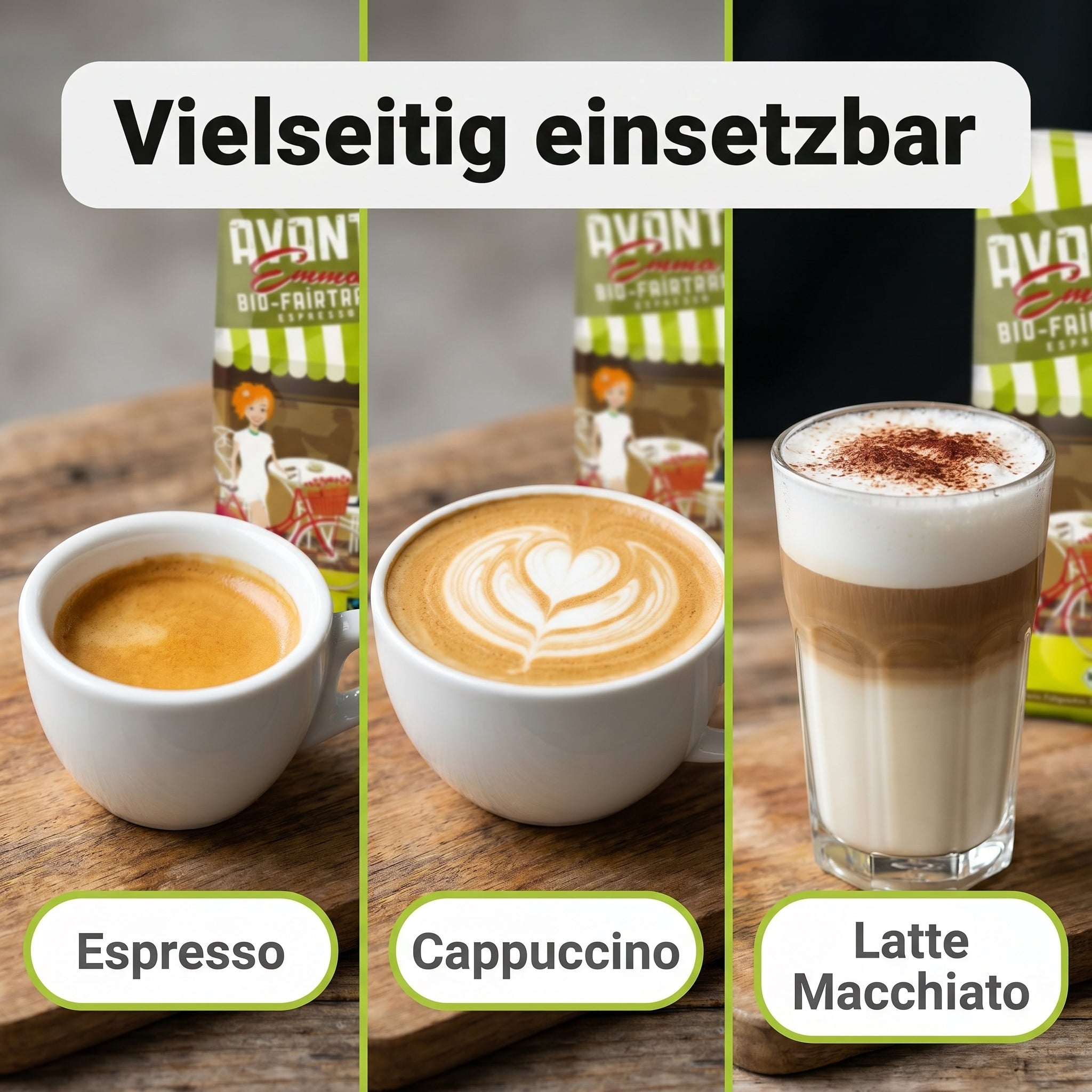 AVANTI Emma Kaffeebohnen, Bio Fairtrade Espresso, ganze Bohnen 500 g, 80% Arabica 20% Robusta, säurearme Langzeit-Trommelröstung (mitteldunkel), Schweizer Röstung und Abfüllung