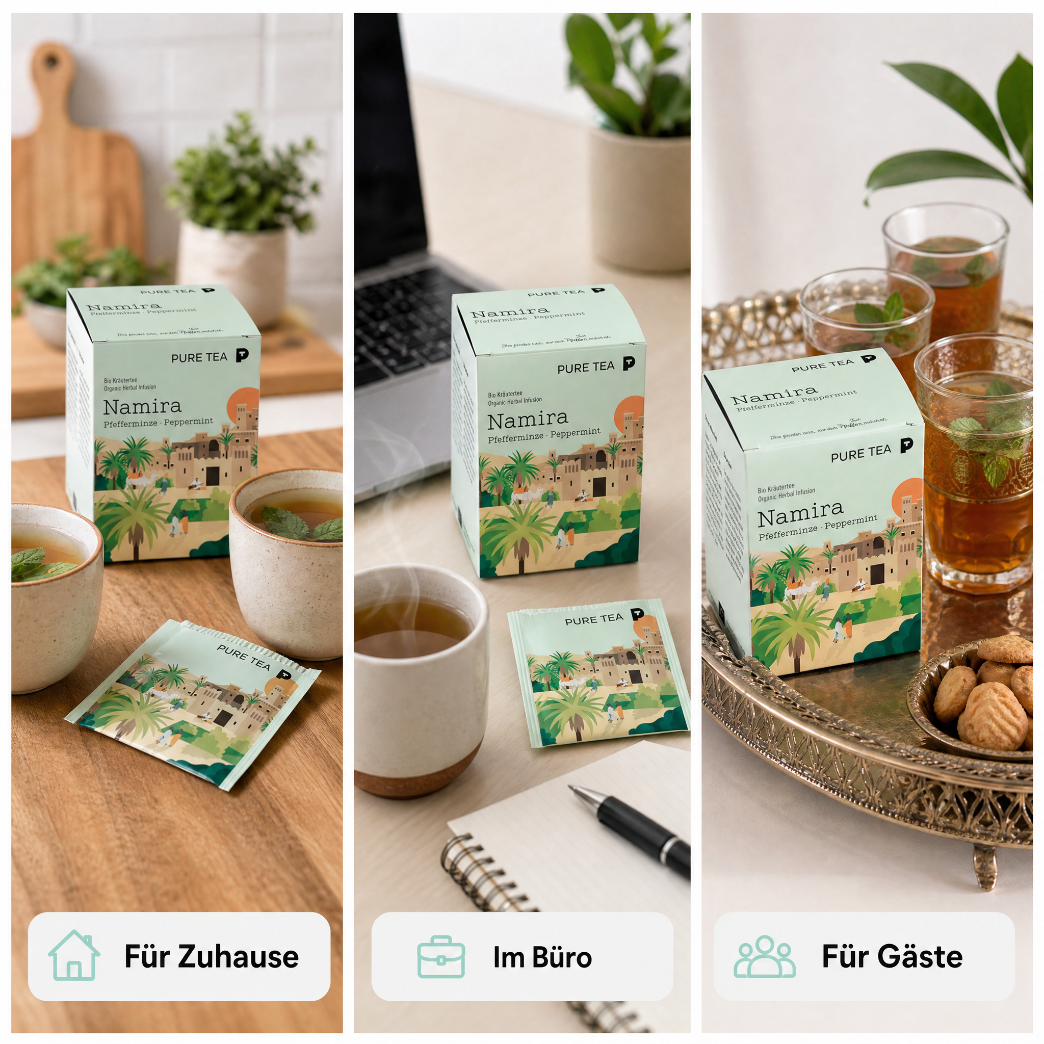 PURE TEA Namira Bio-Pfefferminztee, Kräutertee, 15 Kissenbeutel einzeln verpackt, Dispenserbox 12 x 9 x 9 cm, koffeinfrei, aus biologischem Anbau, mit nordafrikanischem Landschaftsmotiv