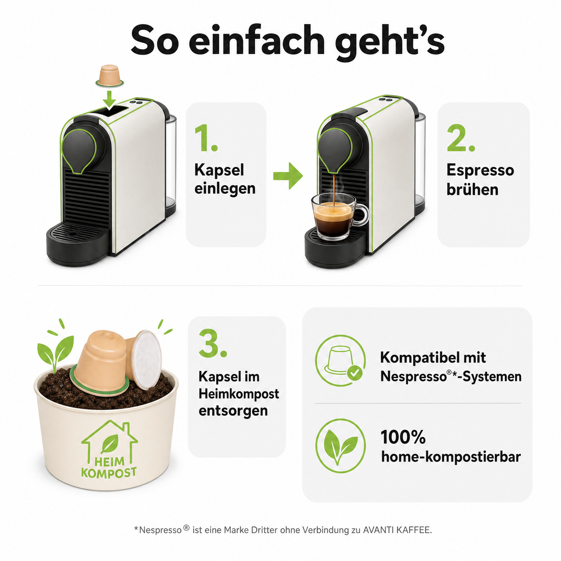 Avanti Kapseln Bio & Fairtrade Espresso EMMA, kompatibel mit Nespresso Kaffeekapseln, kompostierbar & ohne Aluminium, 80% Arabica/20% Robusta, mittel-dunkle Röstung, geröstet in der Schweiz