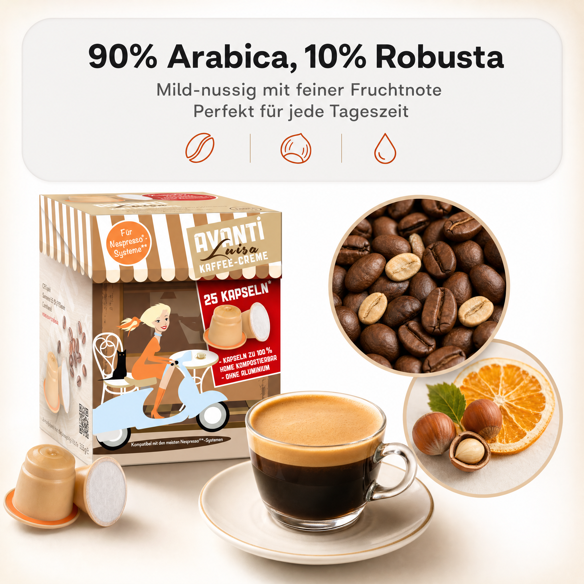 AVANTI Kapseln Luisa – kompatibel mit Nespresso Kaffeekapseln, 25 Stück, 90% Arabica 10% Robusta, säurearm und mild, ohne Aluminium, 100% home‑kompostierbar, 6 g pro Kapsel, dichte Crema