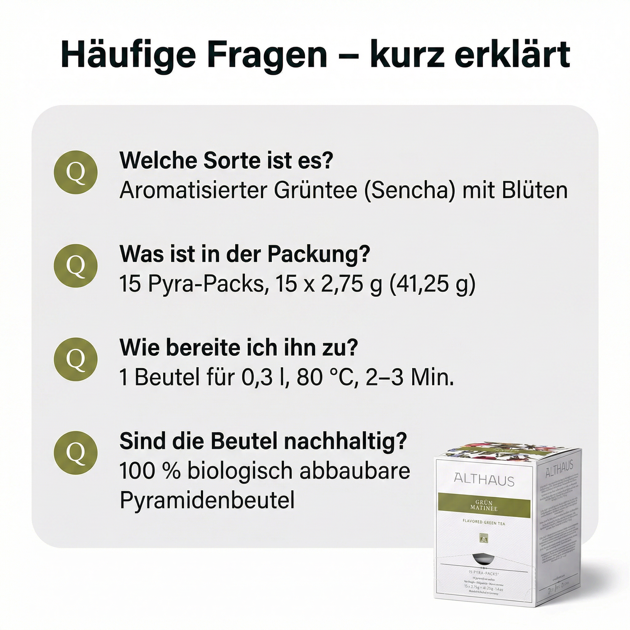 ALTHAUS Grüner Tee Grün Matinee, aromatisierter Sencha Tee mit Blüten, 15 Pyramiden-Teebeutel, einzeln verpackt, 41,25 g, 100 % biologisch abbaubare Beutel, in Deutschland gemischt & verpackt