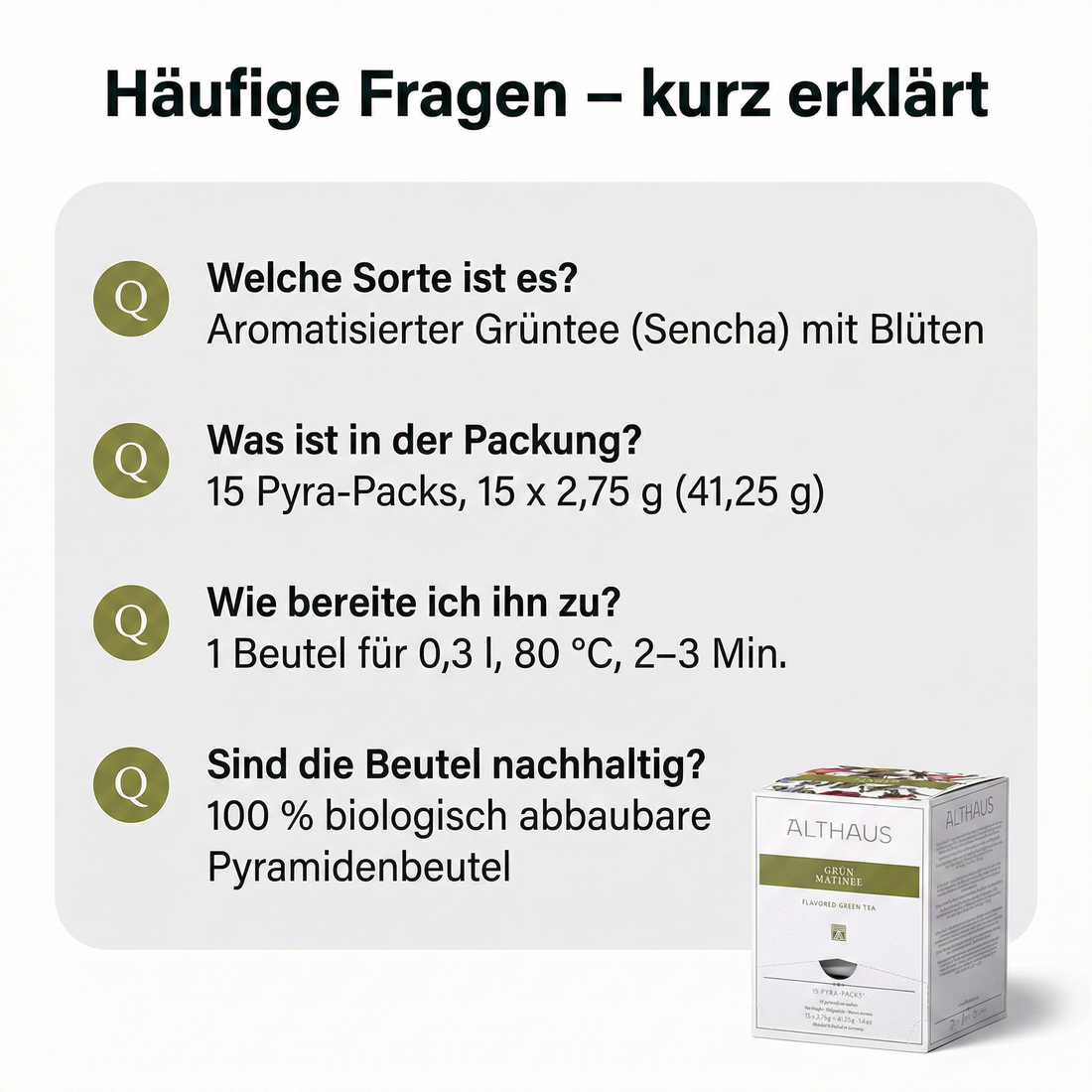 ALTHAUS Grüner Tee Grün Matinee, aromatisierter Sencha Tee mit Blüten, 15 Pyramiden-Teebeutel, einzeln verpackt, 41,25 g, 100 % biologisch abbaubare Beutel, in Deutschland gemischt & verpackt