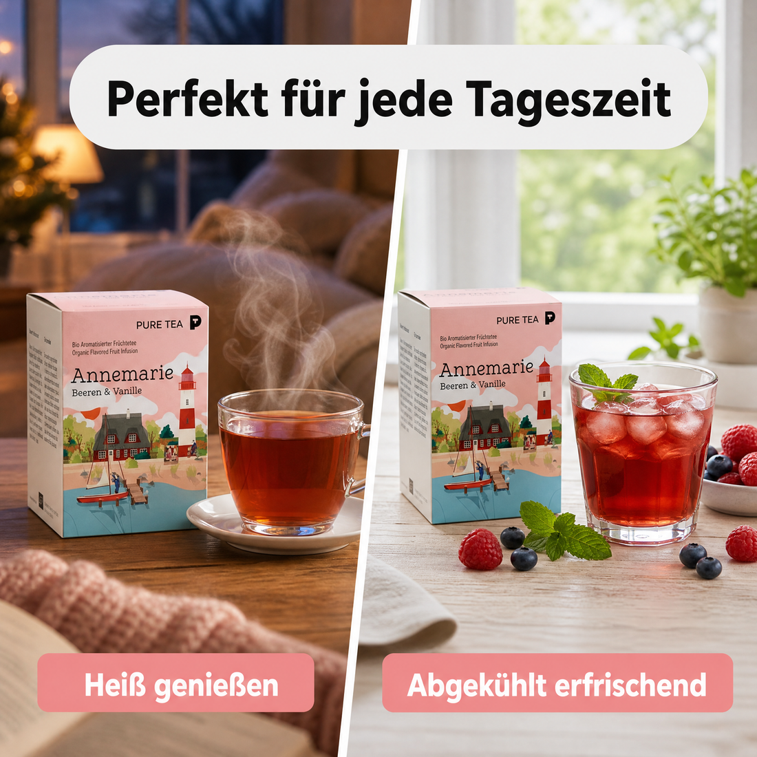 Pure Tea Früchtetee Bio Annemarie Beeren & Vanille, 15 Teebeutel à 3,5 g, aromatisierter Bio-Früchtetee, koffeinfrei & glutenfrei, EU‑Bio (PL‑EKO‑01), Dispenserbox