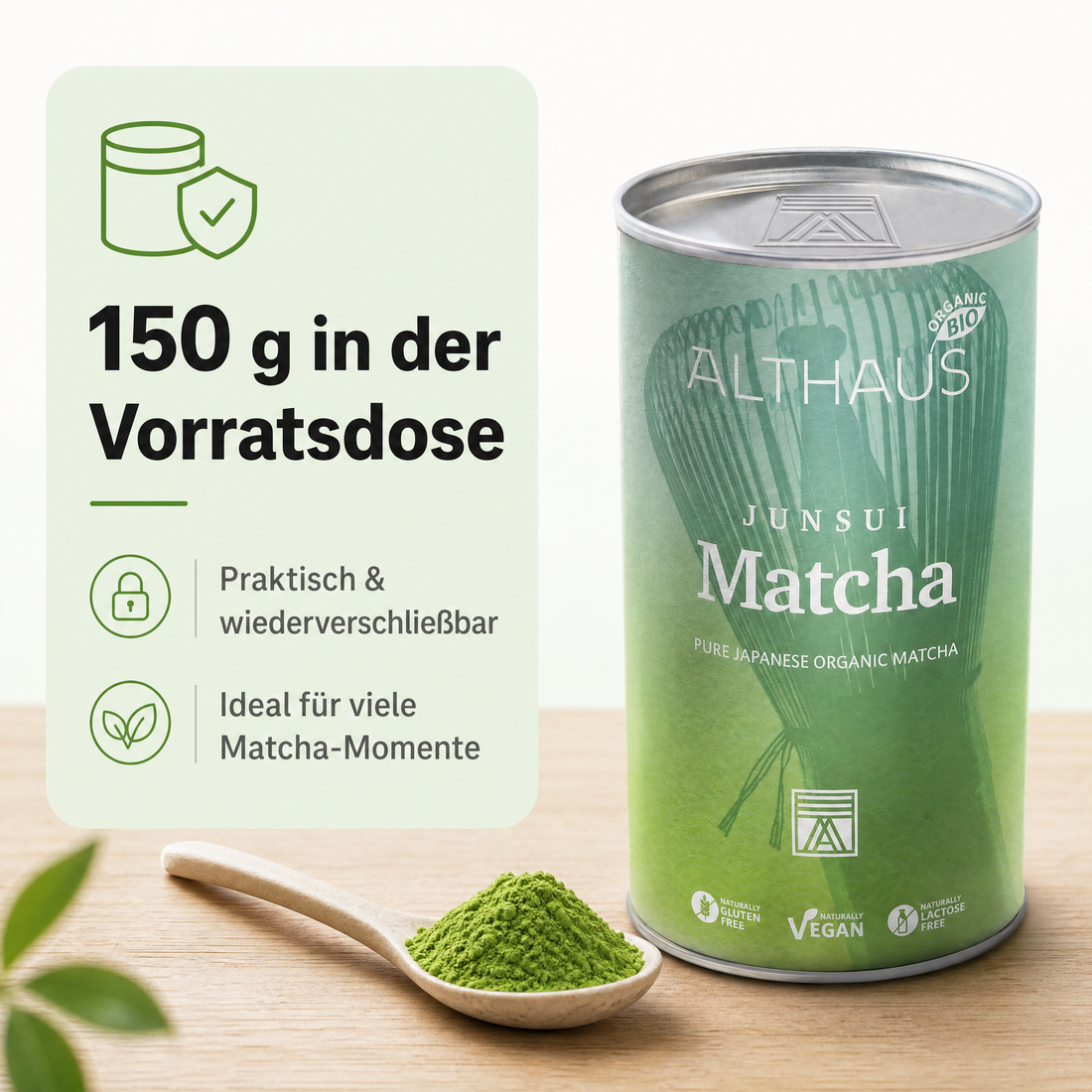 ALTHAUS Junsui Matcha – Japanisches Matcha Pulver, Top-Qualität, reiner japanischer Matcha-Tee, fein gemahlen, leuchtend grün, 150 g in der Dose, vegan, glutenfrei, laktosefrei