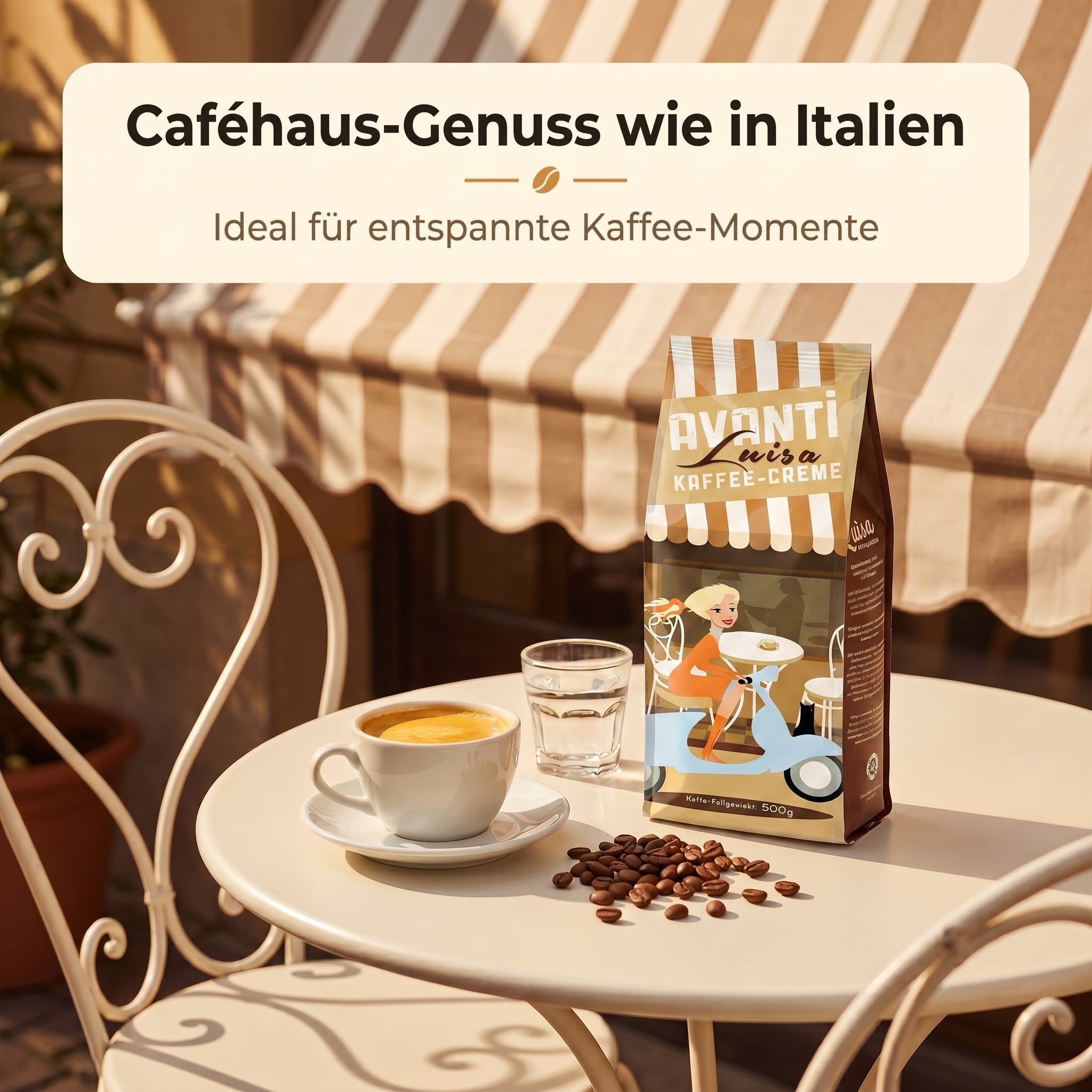 Avanti Kaffeebohnen Luisa Kaffee-Crème, 90% Arabica 10% Robusta, säurearm & mild, traditionelle Trommelröstung, ganze Bohnen Medium Roast, Schweizer Rösthandwerk, 500 g Beutel
