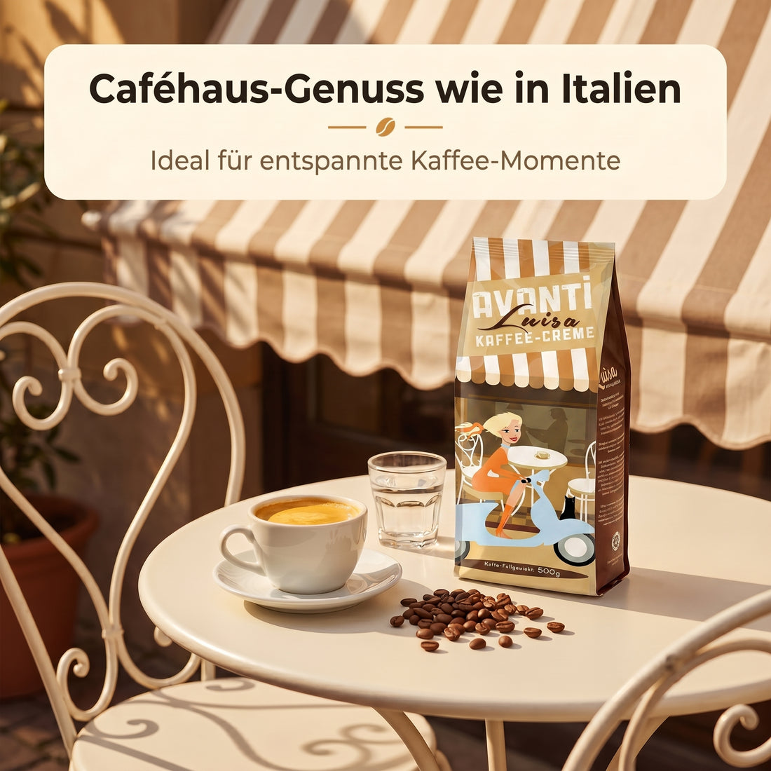 Avanti Kaffeebohnen Luisa Kaffee-Crème, 90% Arabica 10% Robusta, säurearm & mild, traditionelle Trommelröstung, ganze Bohnen Medium Roast, Schweizer Rösthandwerk, 500 g Beutel